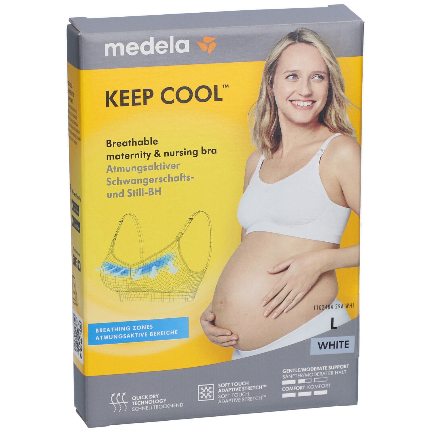 Vue de face de l'emballage du soutien-gorge Keep Cool. Inscription : Keep Cool, respirant, blanc, taille L. Femme portant le soutien-gorge.