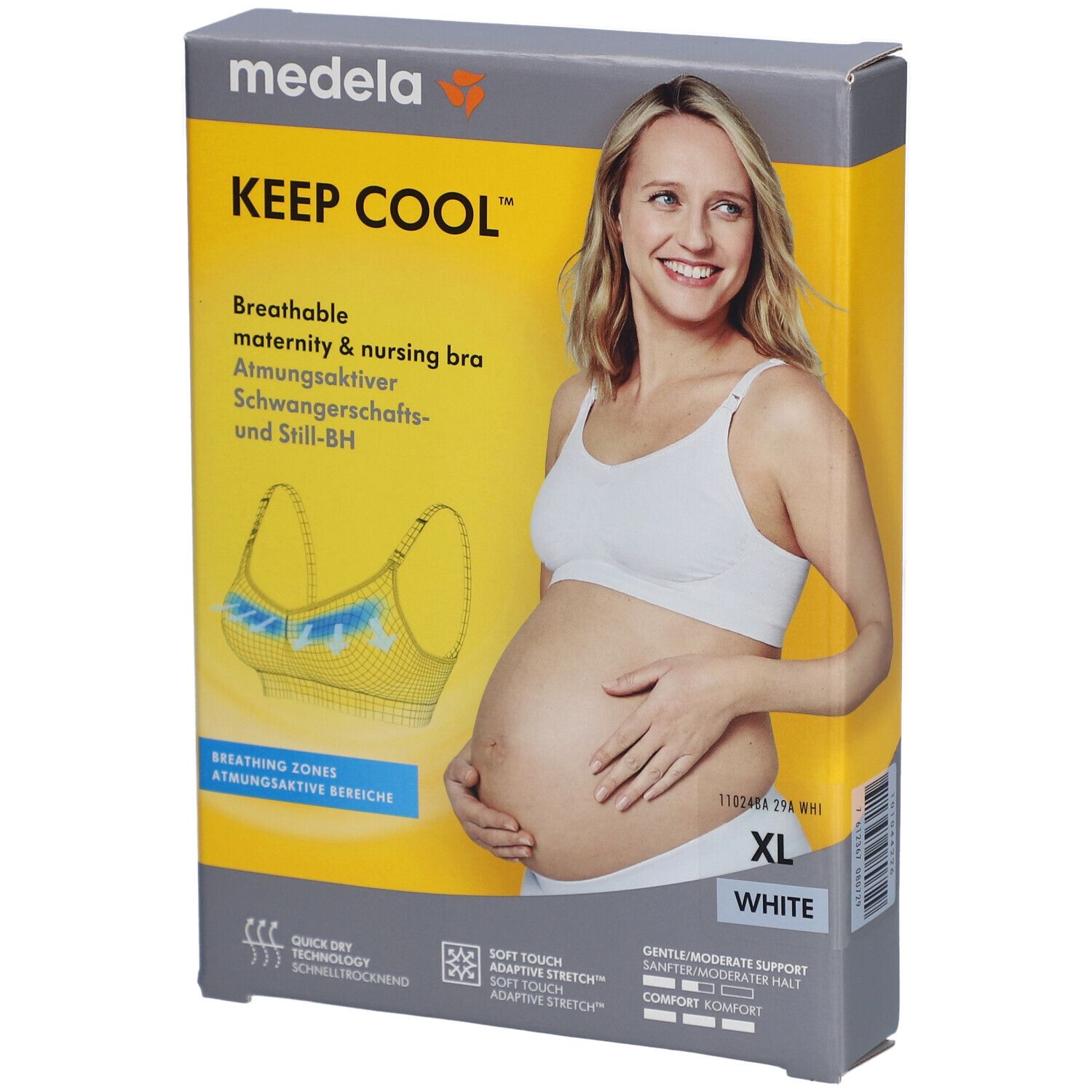 Emballage du soutien-gorge d'allaitement et de grossesse medela Keep Cool™. Femme portant le soutien-gorge. Taille XL, blanc.