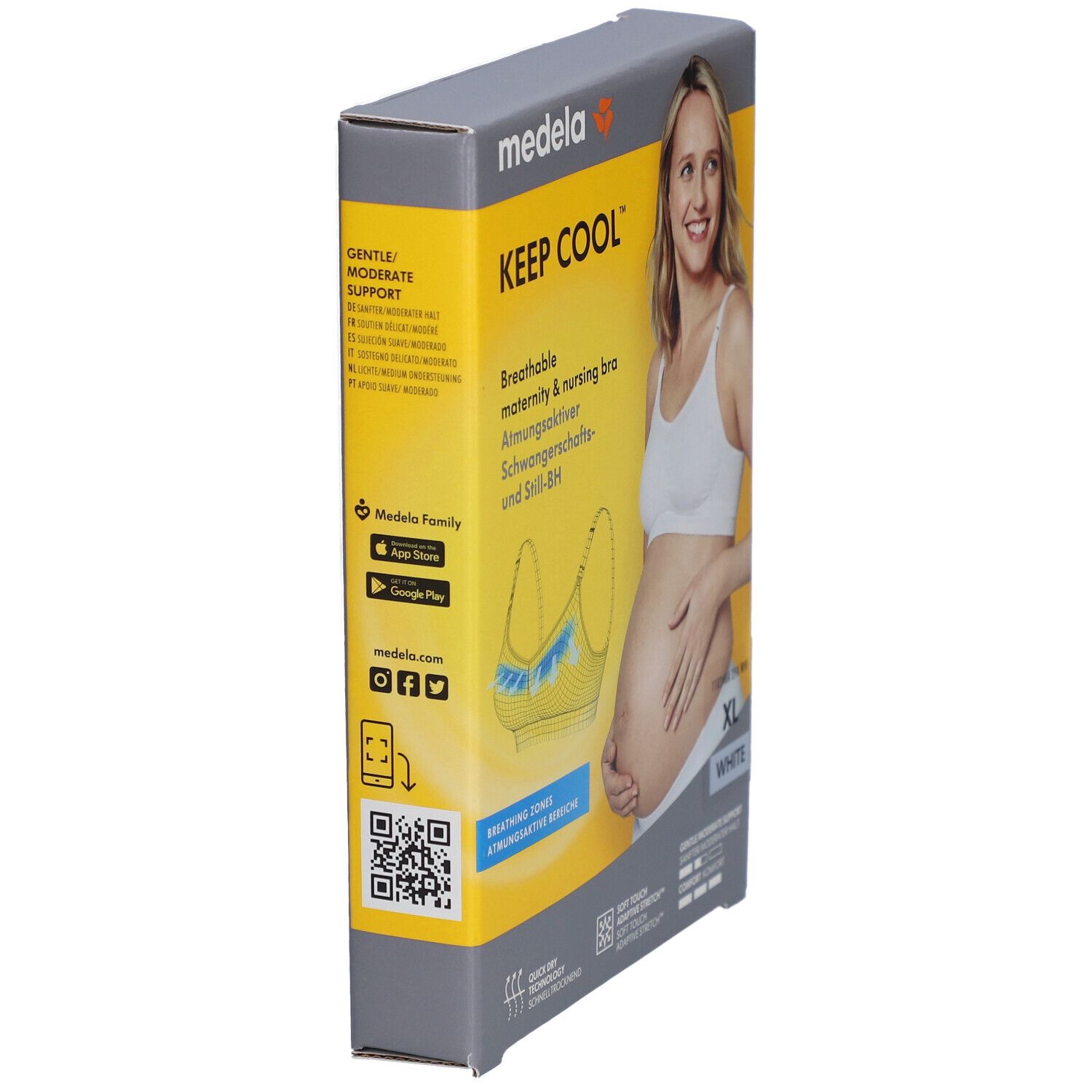 Emballage du soutien-gorge medela Keep Cool™. Vue latérale. Inscription : Keep Cool, XL, blanc. Image d'une femme en soutien-gorge.