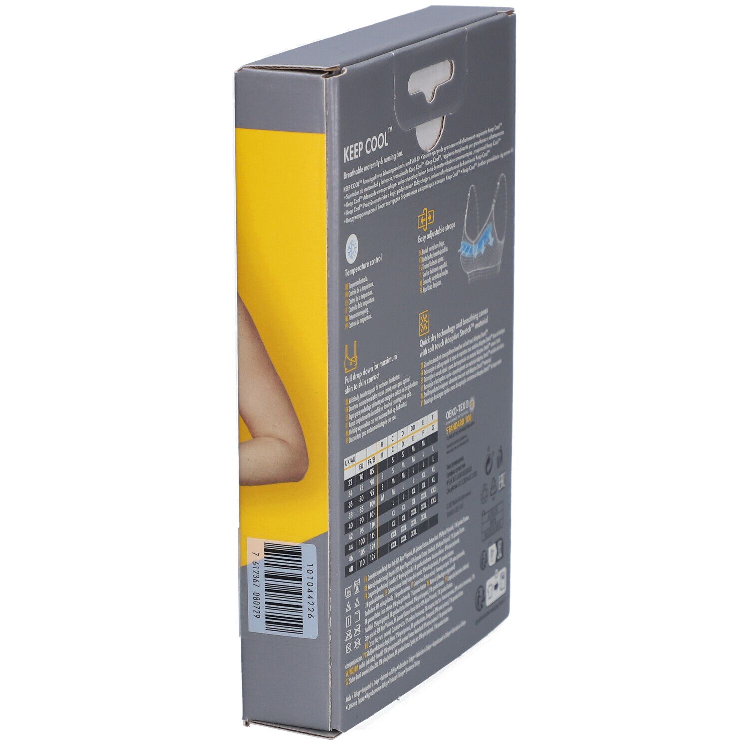 Vue latérale de l'emballage du soutien-gorge medela Keep Cool™. Texte : tailles, certification, code QR.