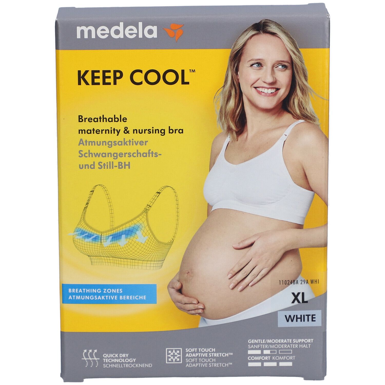 Emballage du soutien-gorge d'allaitement et de grossesse medela Keep Cool™. Femme portant le soutien-gorge. Taille XL, blanc.