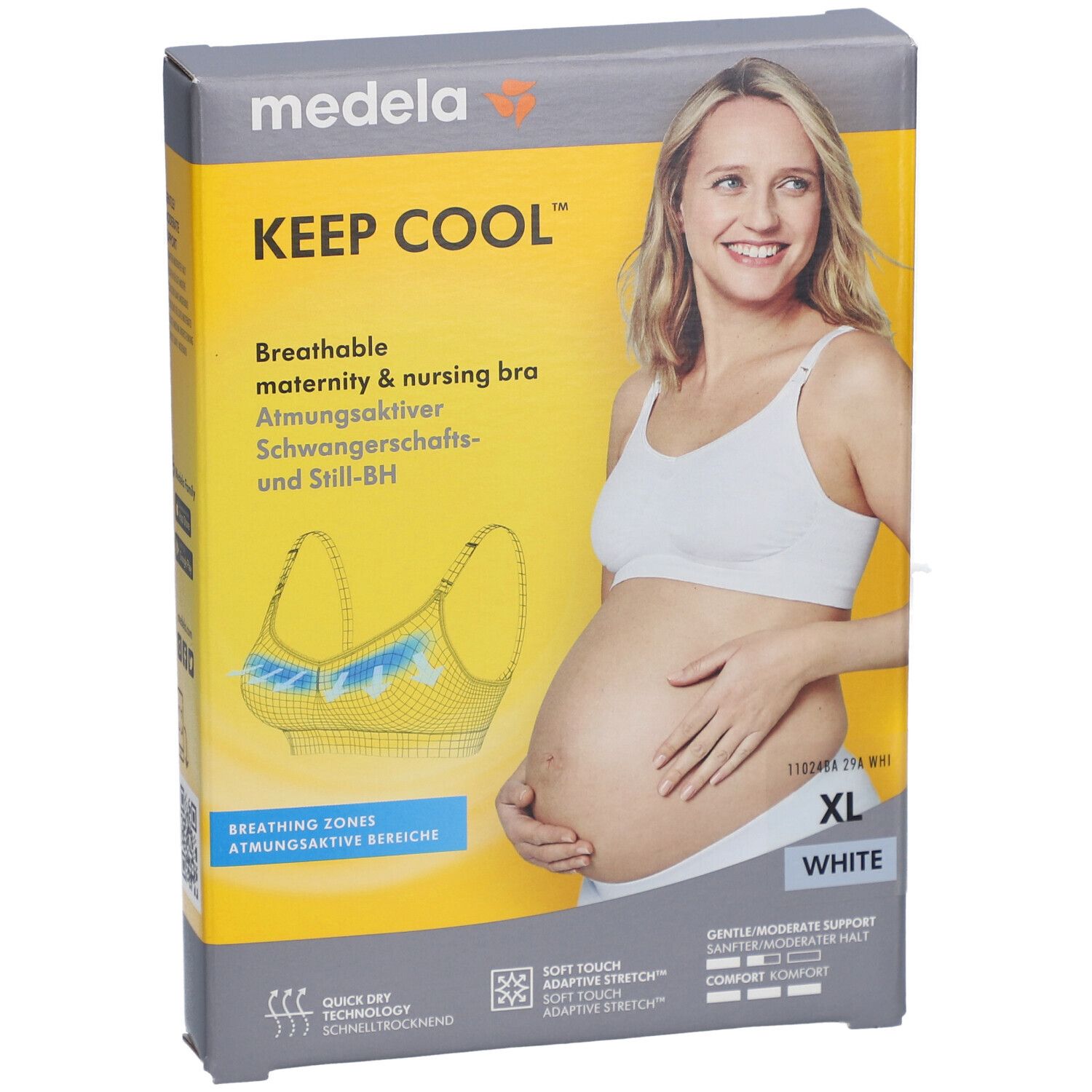 Emballage du soutien-gorge d'allaitement et de grossesse medela Keep Cool™. Femme portant le soutien-gorge. Taille XL, blanc.
