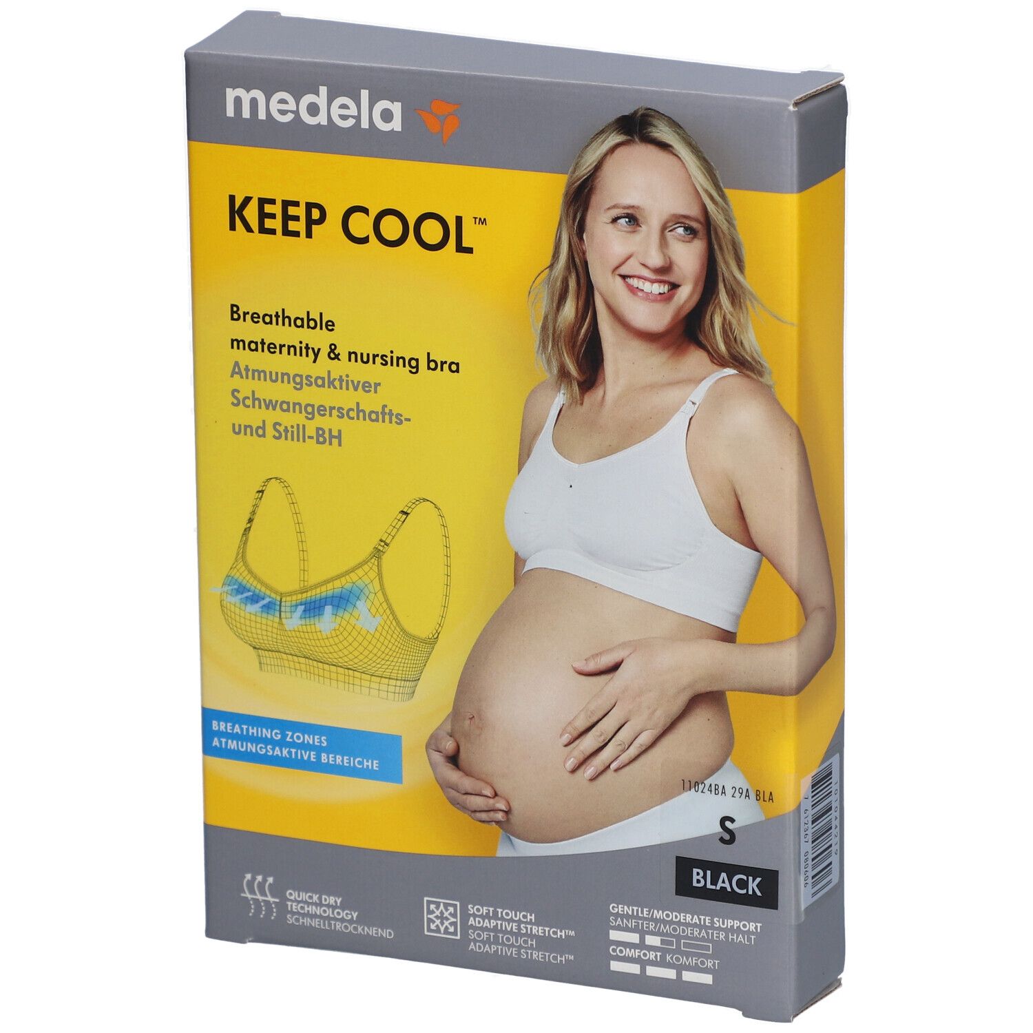 Boîte du soutien-gorge Medela Keep Cool. Inscription : Soutien-gorge d'allaitement respirant, taille S, noir. Image d'une femme portant le soutien-gorge.