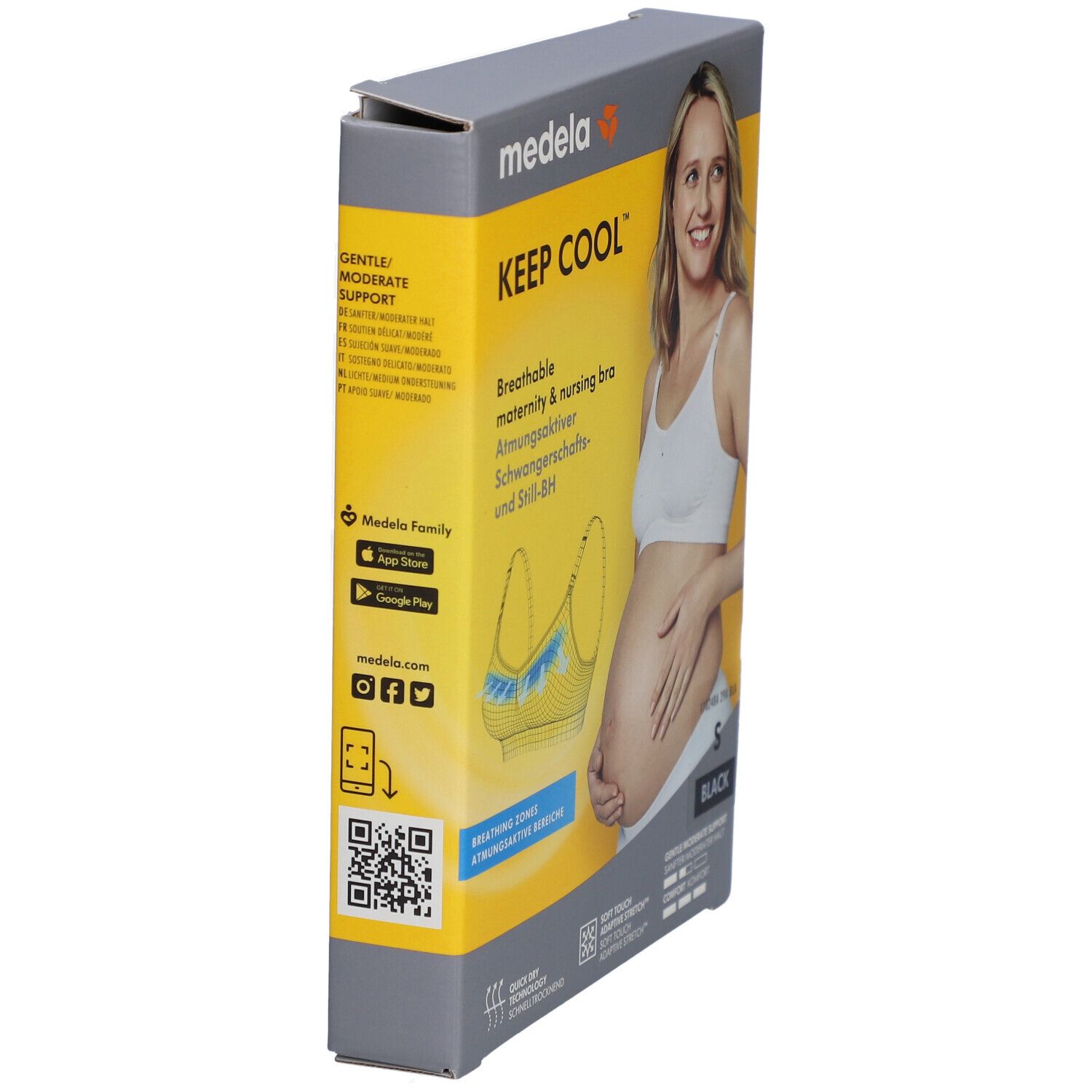 Vue latérale de la boîte du soutien-gorge Medela Keep Cool. Inscription : Keep Cool, soutien-gorge d'allaitement respirant, taille S, noir. Code QR.