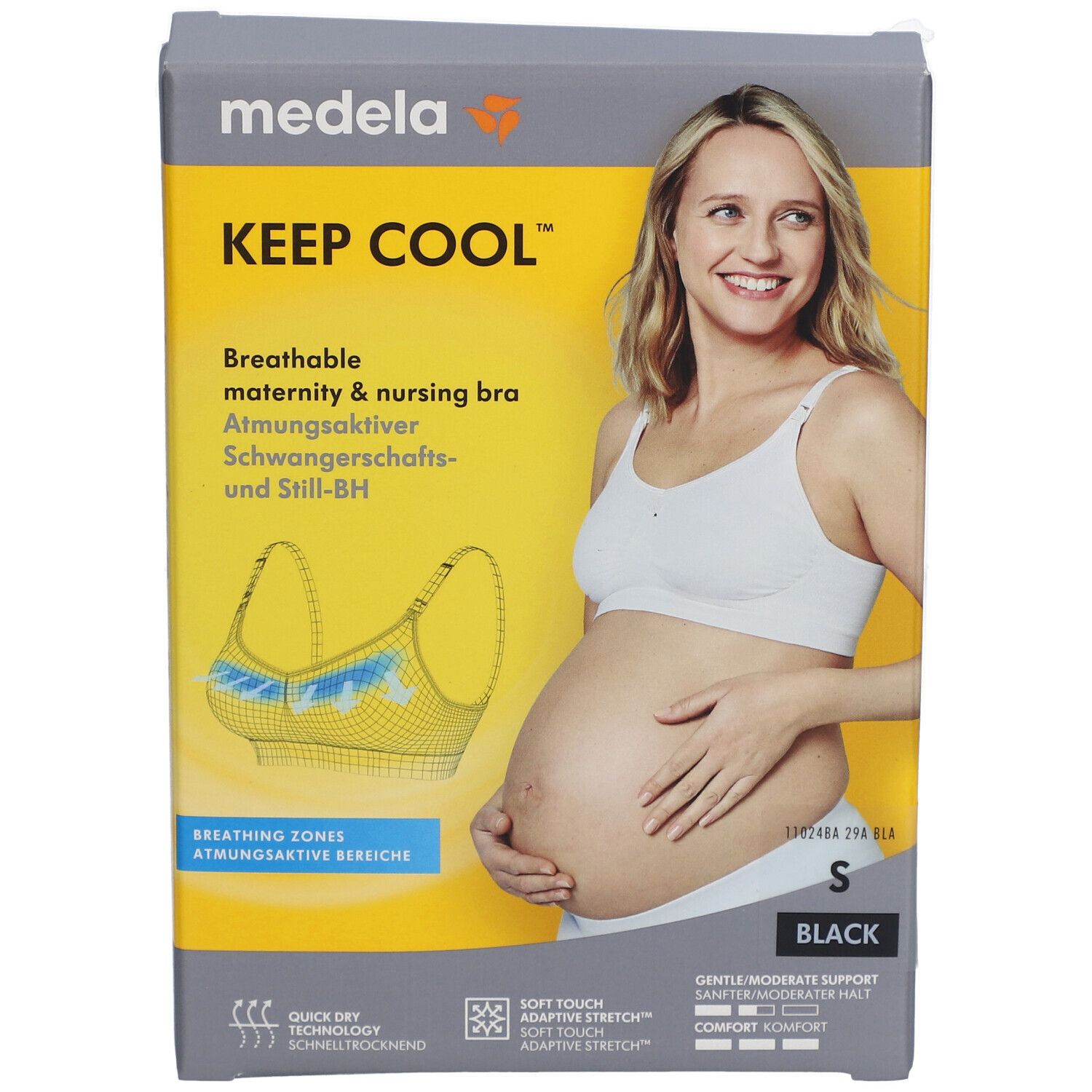 Vue de face de la boîte du soutien-gorge Medela Keep Cool. Inscription : Keep Cool, soutien-gorge d'allaitement respirant, taille S, noir. Femme avec le soutien-gorge.