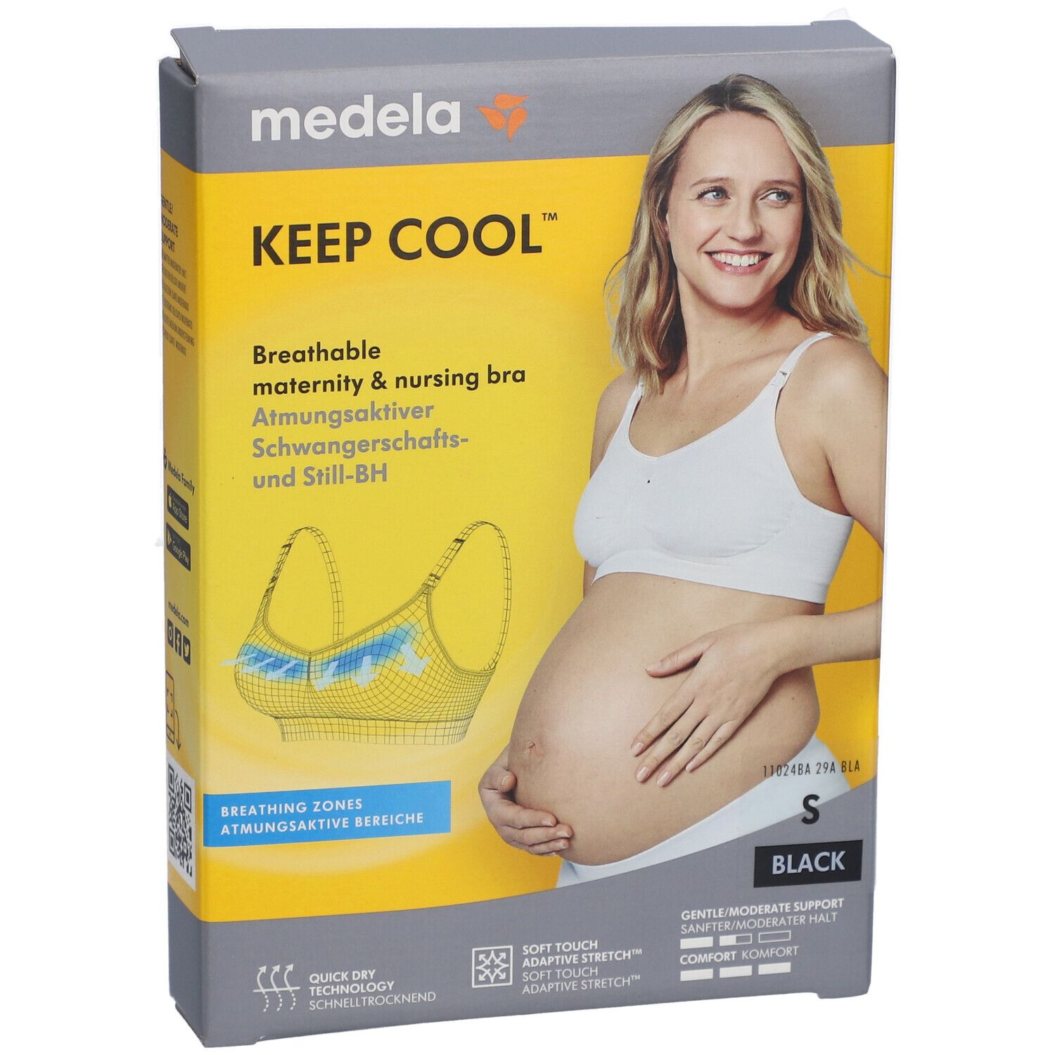 Vue de face de la boîte du soutien-gorge Medela Keep Cool. Inscription : Keep Cool, soutien-gorge d'allaitement respirant, taille S, noir. Femme avec le soutien-gorge.