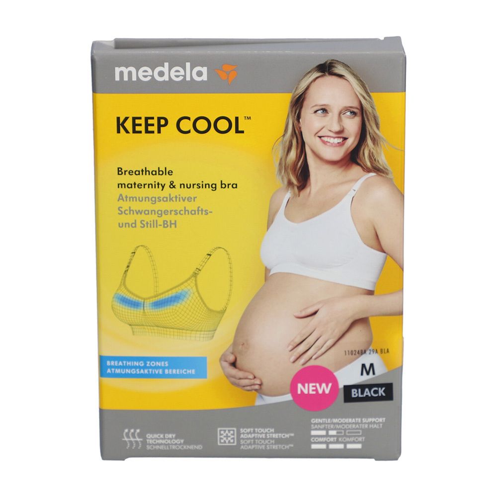 Boîte medela Keep Cool. Image du produit et femme enceinte. Taille M, noir. Inscription "Respirant" et "Allaitement".