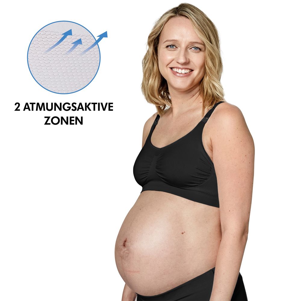 Soutien-gorge d'allaitement noir. Femme enceinte. Deux zones respirantes. Détail du soutien-gorge.