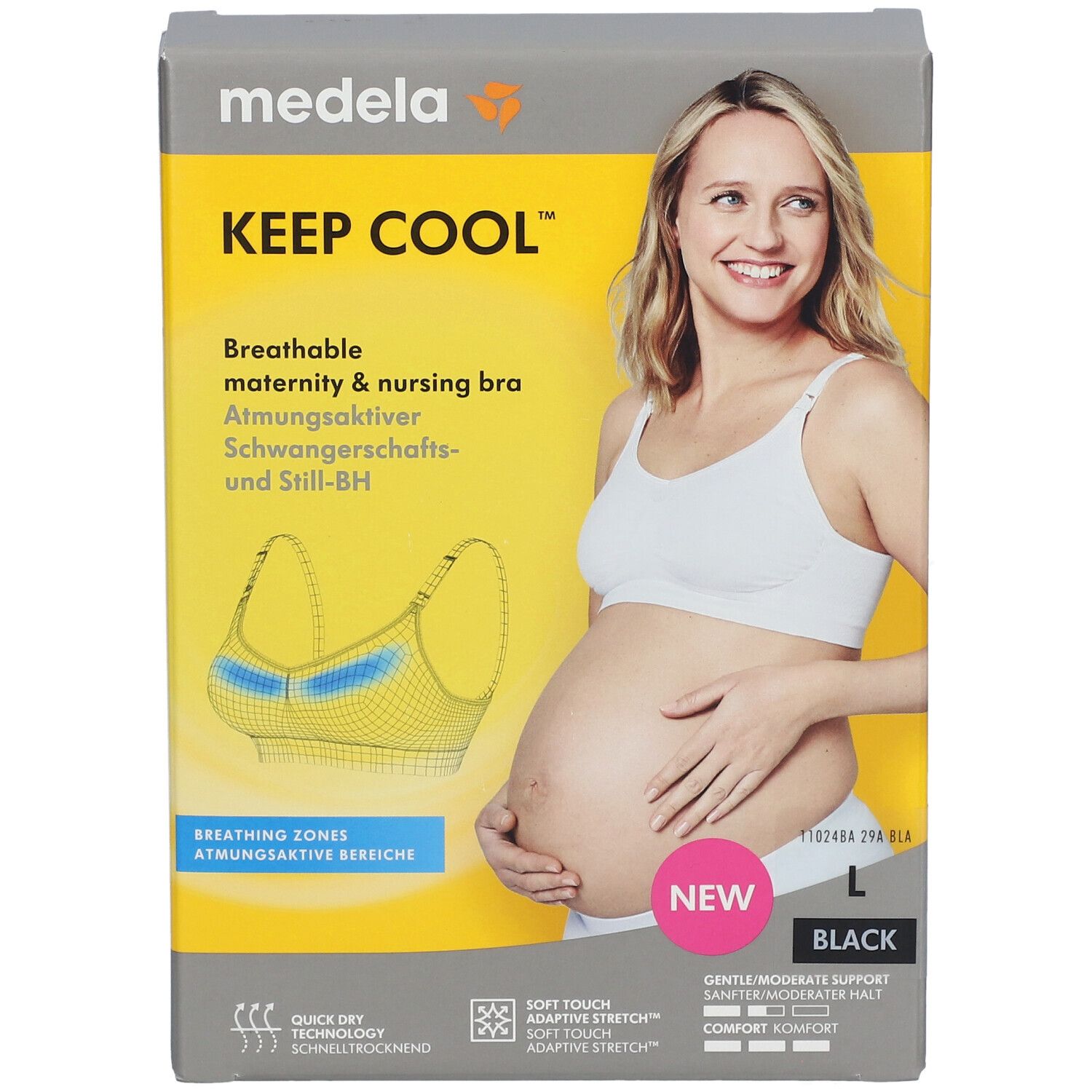Boîte de soutien-gorge de grossesse. Marque et nom du produit visibles. Taille L, couleur noire.