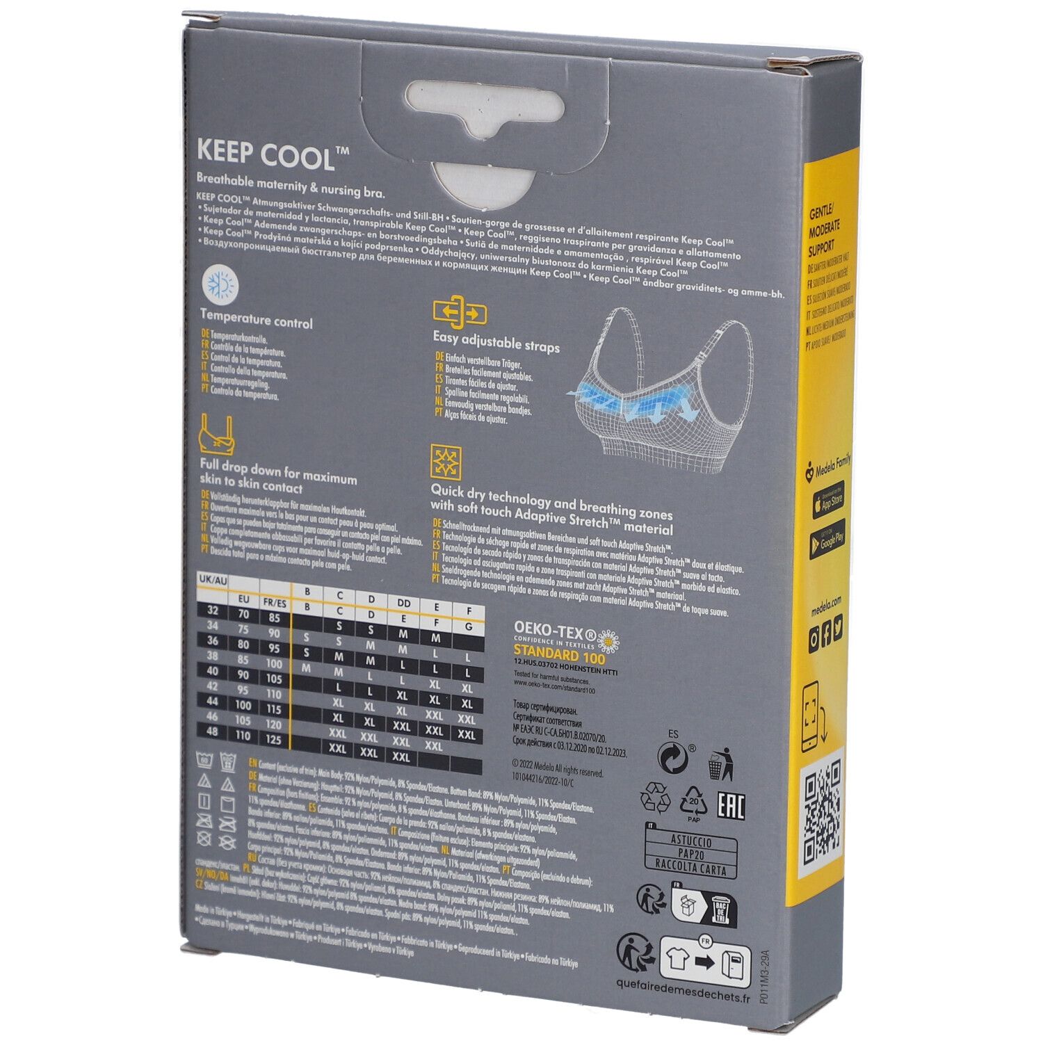 Dos de la boîte Medela Keep Cool. Informations sur le soutien-gorge Keep Cool. Tailles, certification Öko-Tex Standard 100.
