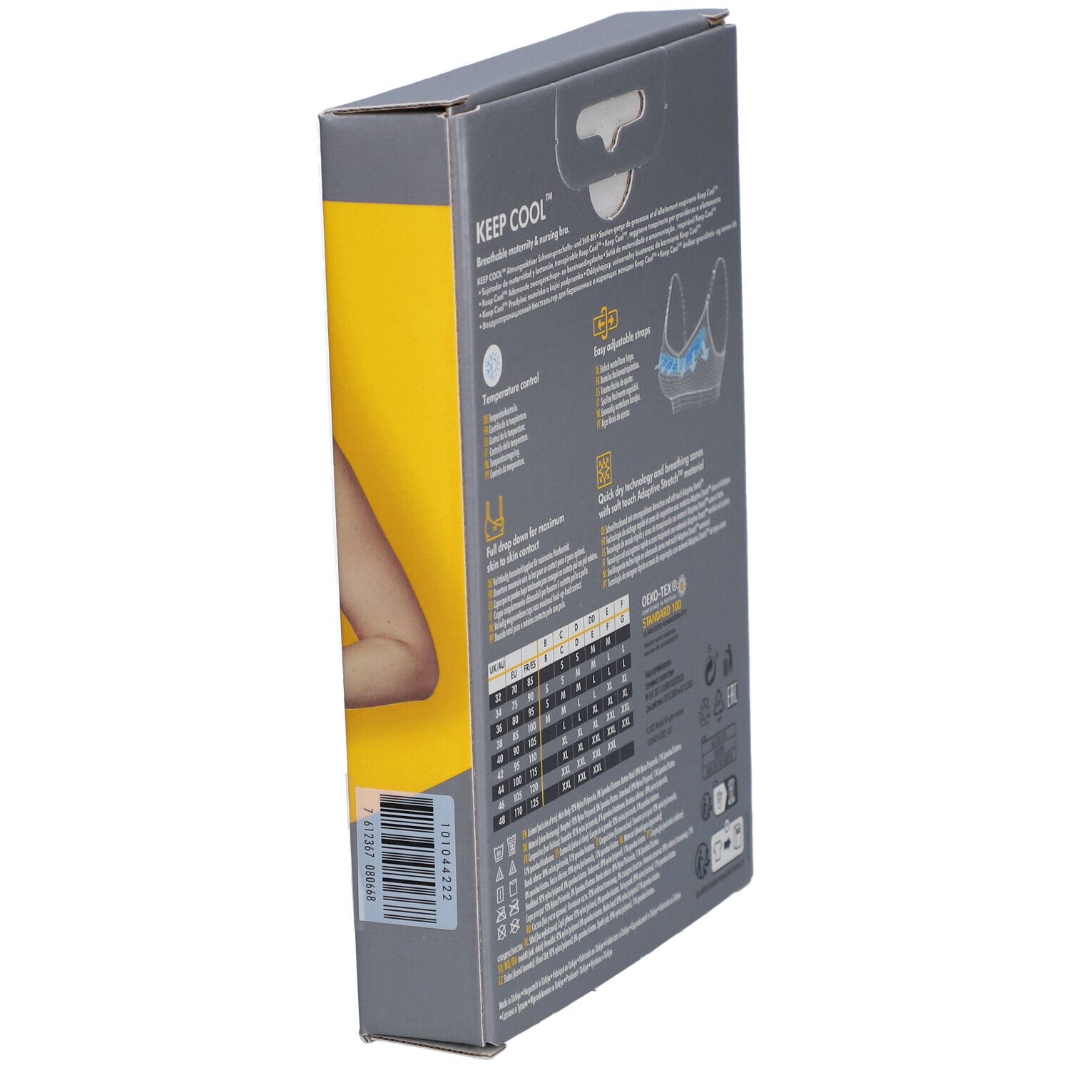 Vue latérale de la boîte Medela Keep Cool. Tailles et informations sur le produit. Certification Öko-Tex Standard 100.