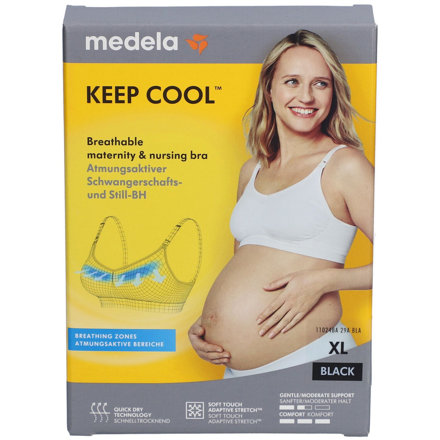 Boîte Medela Keep Cool. Soutien-gorge d'allaitement respirant, noir, taille XL. Inscription : zones respirantes, Quick Dry.