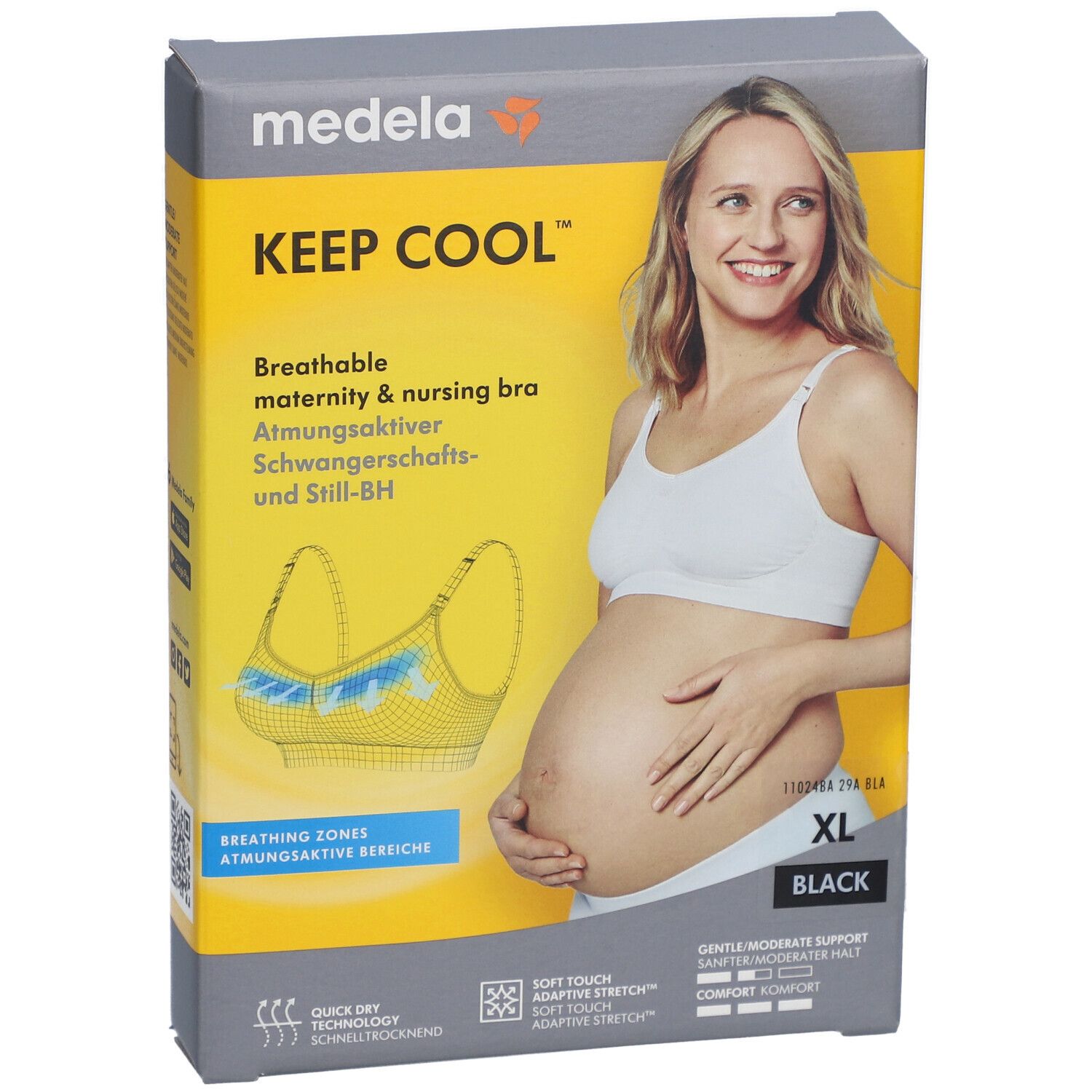 Boîte Medela Keep Cool. Soutien-gorge d'allaitement respirant, noir, taille XL. Inscription : zones respirantes, Quick Dry.