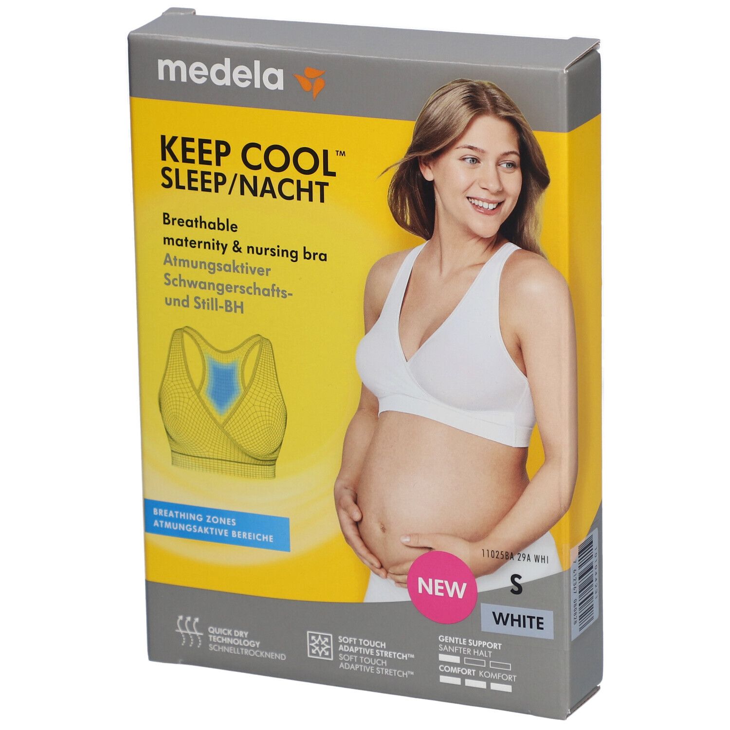 Boîte avec soutien-gorge blanc. Inscription : Keep Cool Sleep/Nacht, respirant, pour grossesse et allaitement. Taille S.