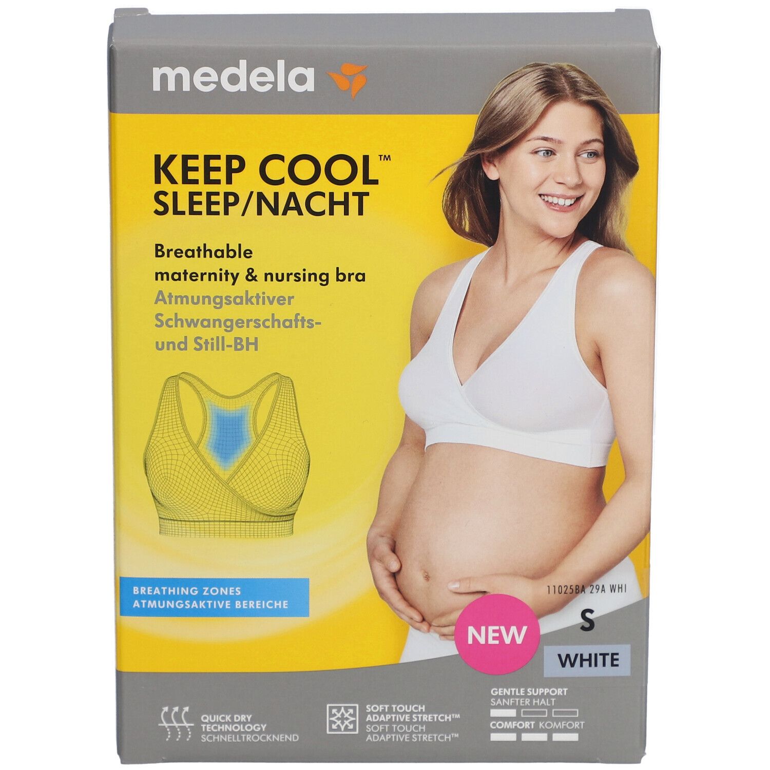 Boîte avec soutien-gorge blanc. Inscription : Keep Cool Sleep/Nacht, respirant, pour grossesse et allaitement. Taille S.