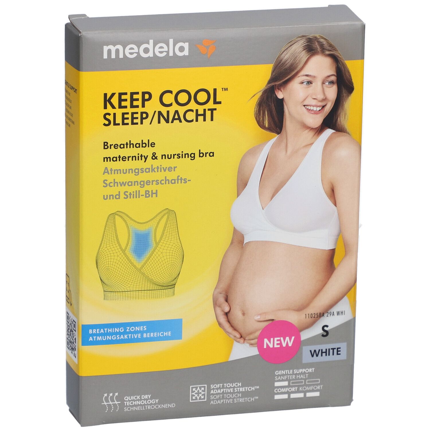 Boîte avec soutien-gorge blanc. Inscription : Keep Cool Sleep/Nacht, respirant, pour grossesse et allaitement. Taille S.