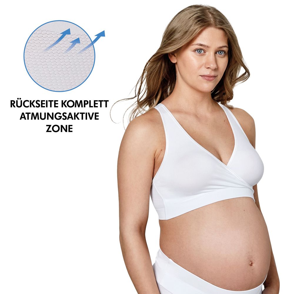 Bustier blanc avec zone respirante. Femme enceinte. Texte: Dos entièrement respirant.