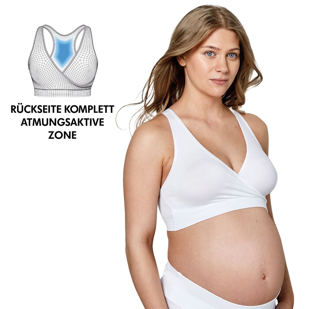 Bustier blanc avec zone respirante. Femme enceinte. Texte: Dos entièrement respirant.
