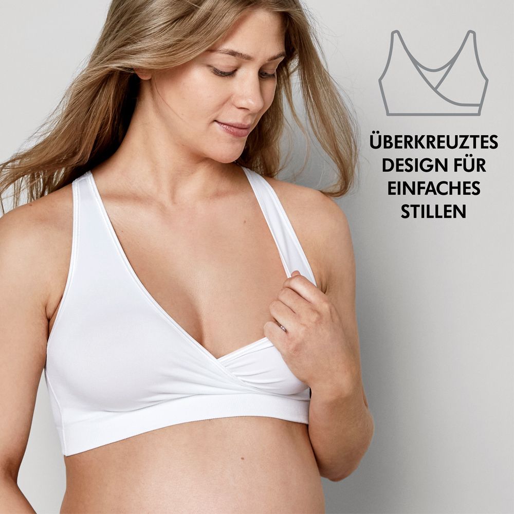 Bustier blanc. Femme enceinte. Texte: Conception croisée pour allaitement facile.