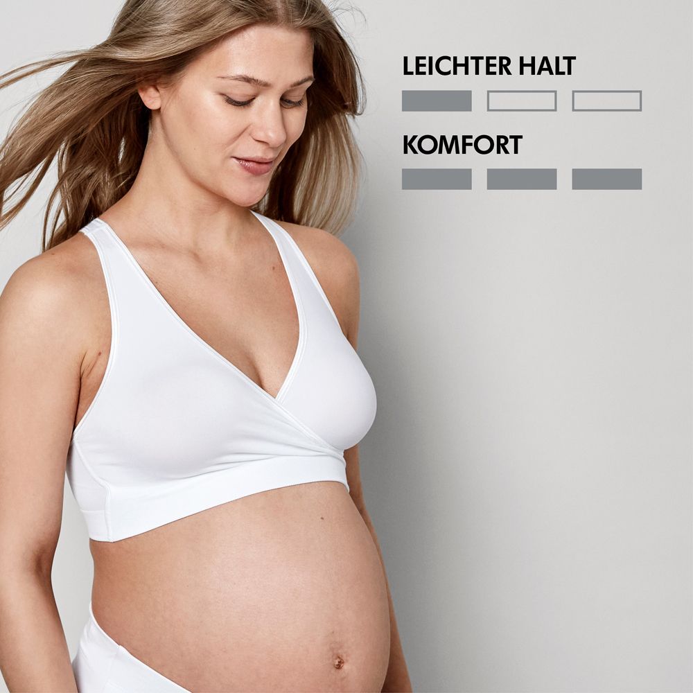 Bustier blanc. Femme enceinte. Texte: Soutien léger, confort.