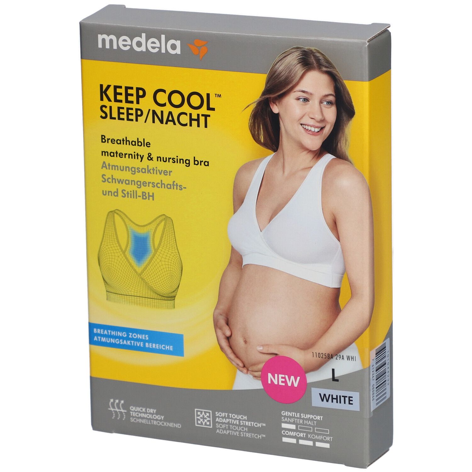Boîte du soutien-gorge Keep Cool. Femme portant le soutien-gorge. Taille L, blanc. Texte: Soutien-gorge d'allaitement respirant.