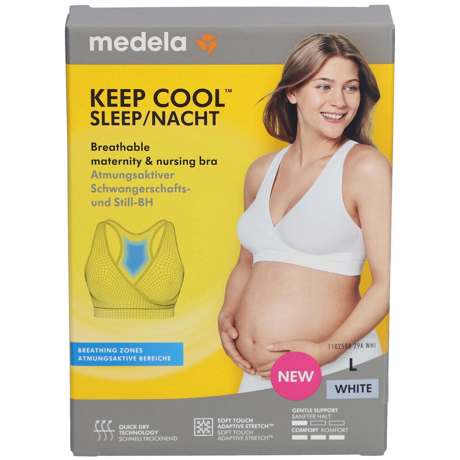 Boîte du soutien-gorge Keep Cool. Femme portant le soutien-gorge. Taille L, blanc. Texte: Soutien-gorge d'allaitement respirant.