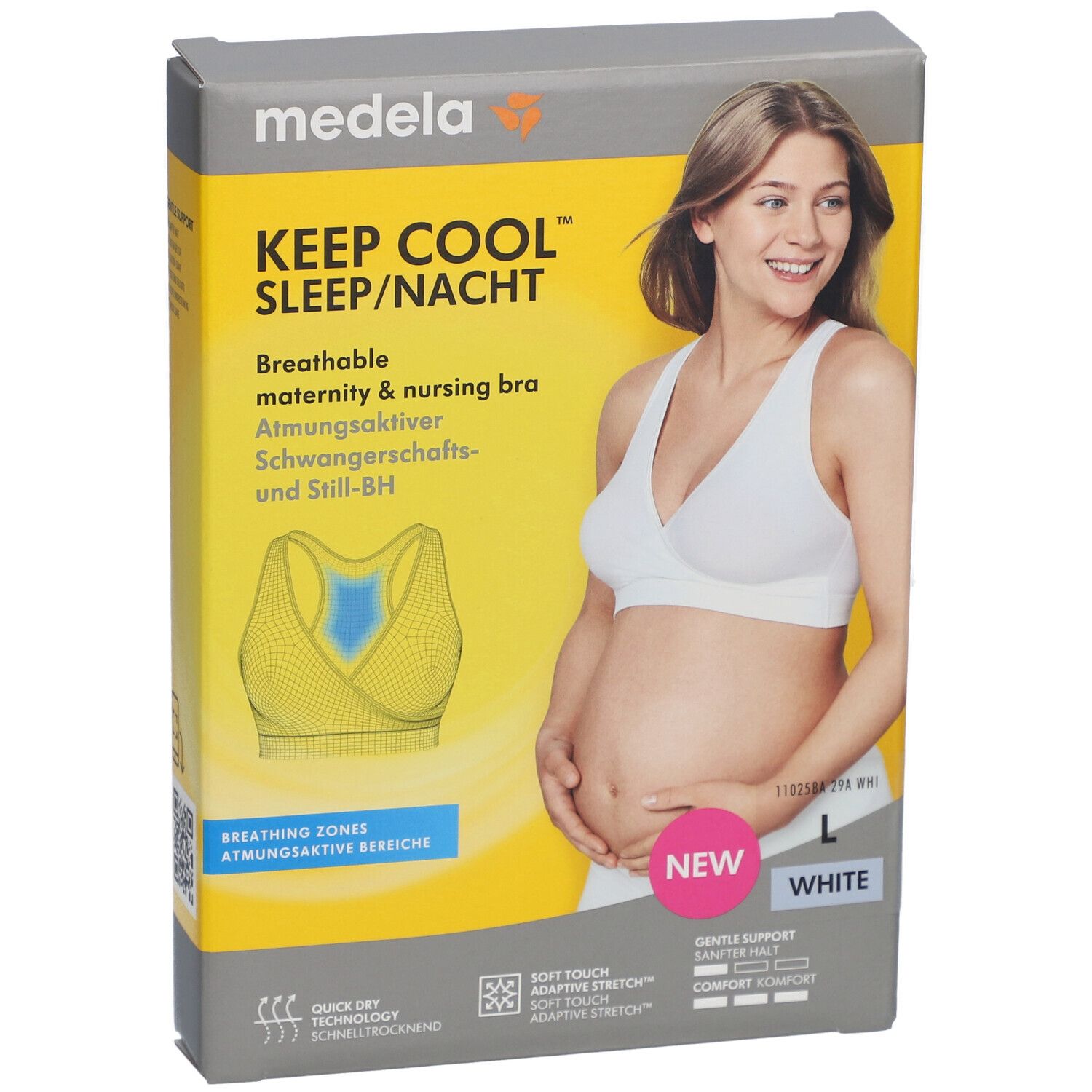 Boîte du soutien-gorge Keep Cool. Femme portant le soutien-gorge. Taille L, blanc. Texte: Soutien-gorge d'allaitement respirant.