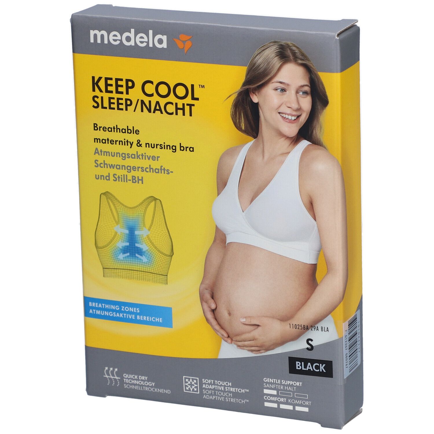 Emballage avec image du produit. Inscription : medela, KEEP COOL SLEEP/NACHT, soutien-gorge respirant, taille S, noir. Femme portant un soutien-gorge.