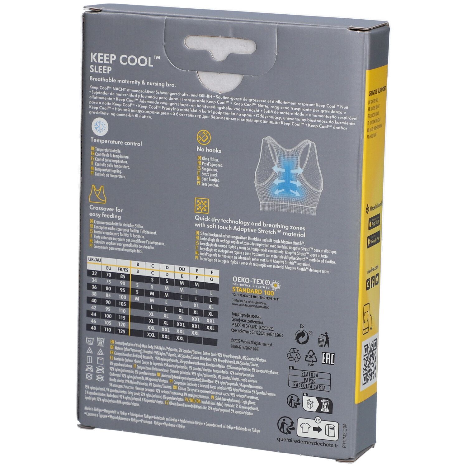 Emballage, dos. Inscription : medela, KEEP COOL SLEEP, informations sur les tailles, OEKO-TEX Standard 100. Pictogrammes.