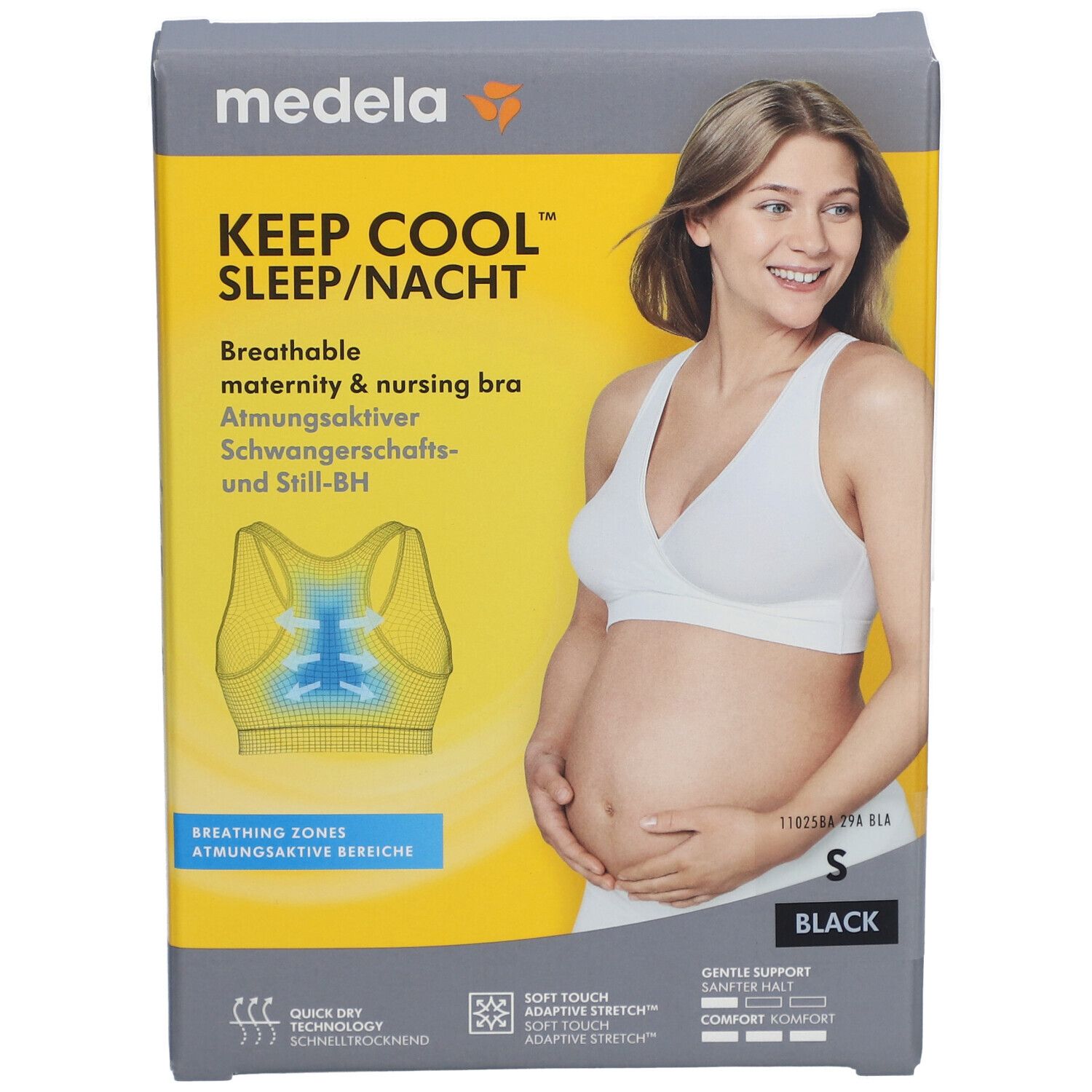 Emballage avec image du produit. Inscription : medela, KEEP COOL SLEEP/NACHT, soutien-gorge respirant, taille S, noir. Femme portant un soutien-gorge.