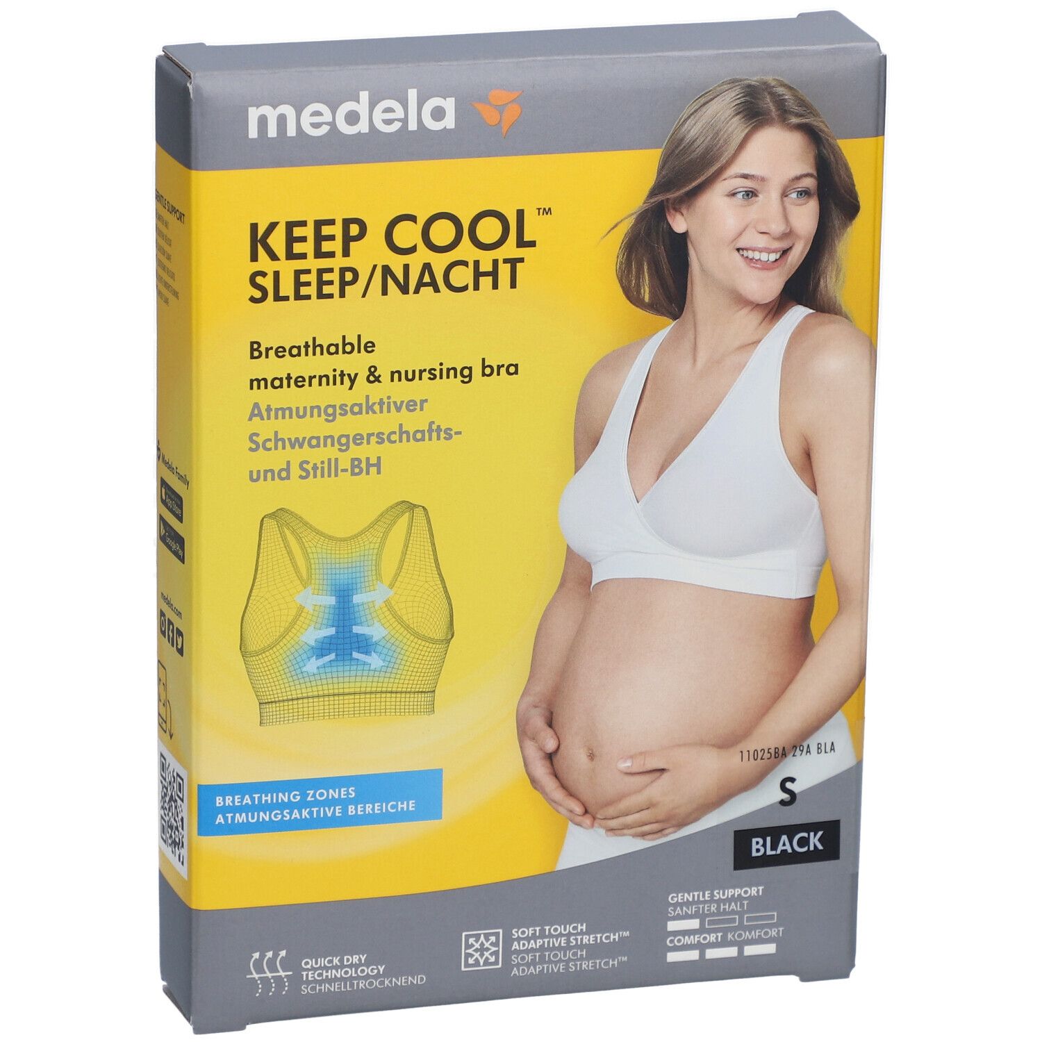 Emballage avec image du produit. Inscription : medela, KEEP COOL SLEEP/NACHT, soutien-gorge respirant, taille S, noir. Femme portant un soutien-gorge.