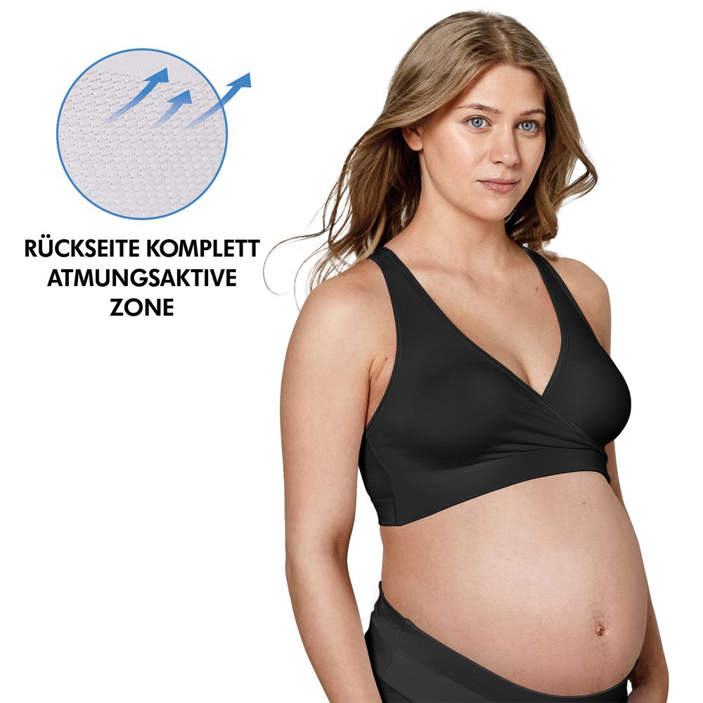 Bustier noir avec zone respirante. Femme enceinte. Texte: Zone respirante complète au dos.