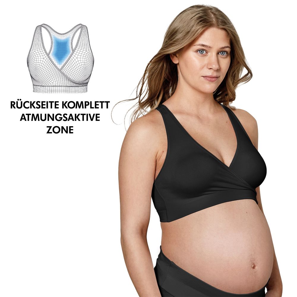 Bustier noir avec zone respirante. Femme enceinte. Texte: Zone respirante complète au dos.