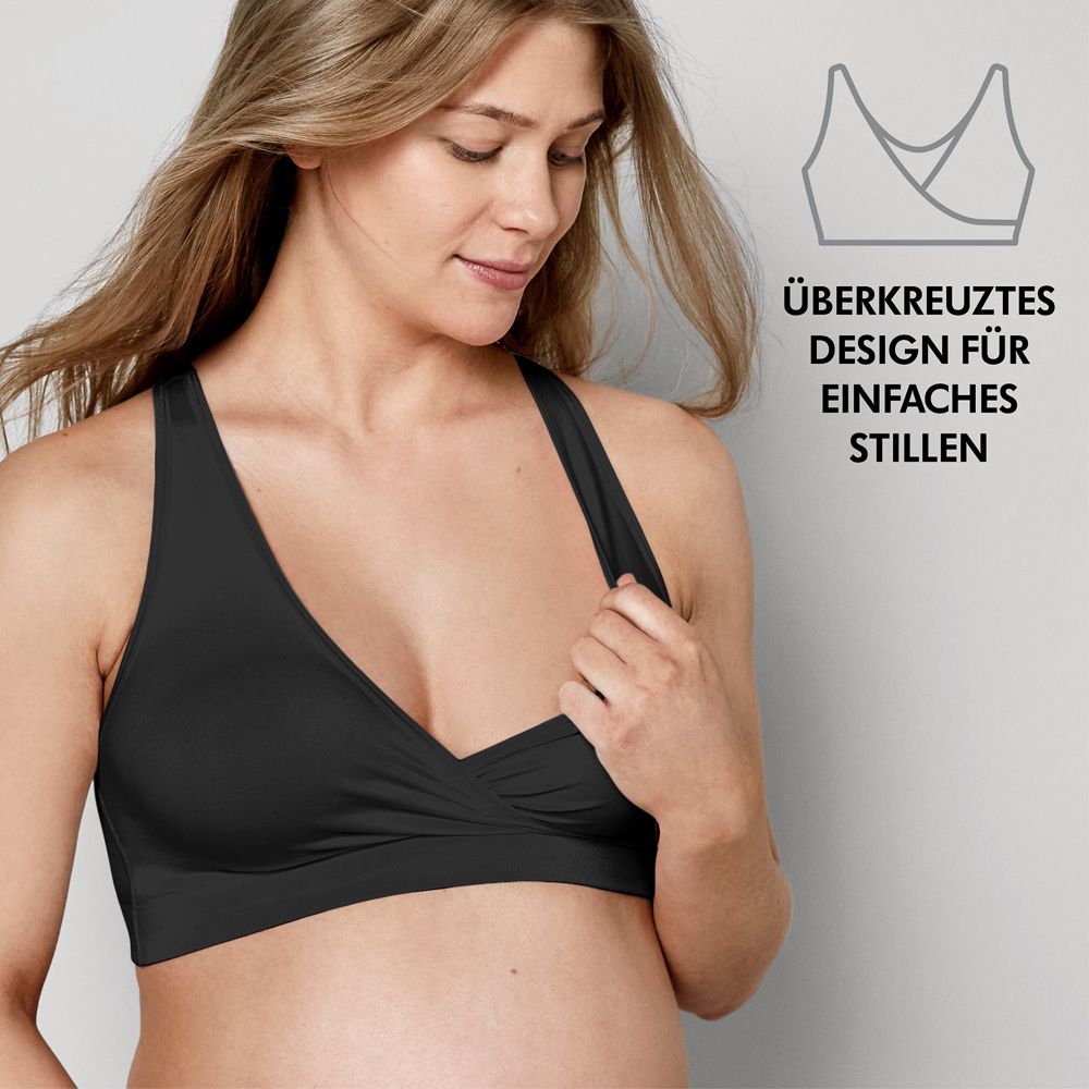 Bustier noir avec design croisé. Femme enceinte. Texte: Design croisé pour allaitement facile.
