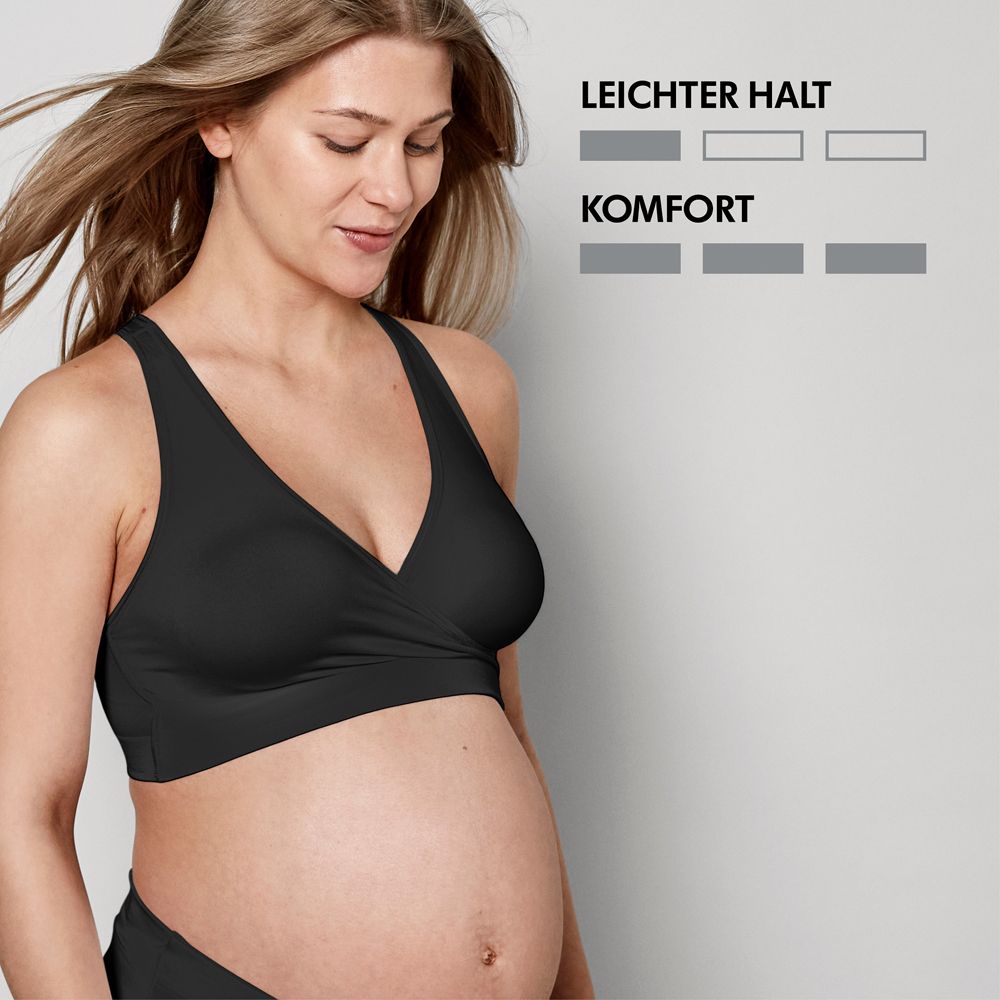 Bustier noir. Femme enceinte. Texte: Soutien léger, confort.