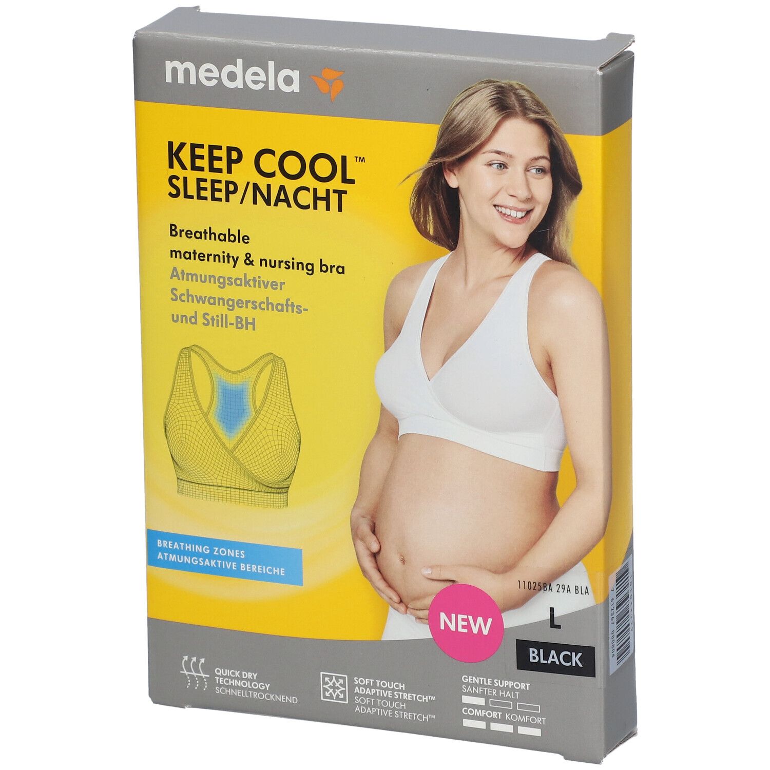 Emballage avec image du produit. Inscription : medela KEEP COOL SLEEP/NACHT, soutien-gorge d'allaitement respirant, taille L, noir.