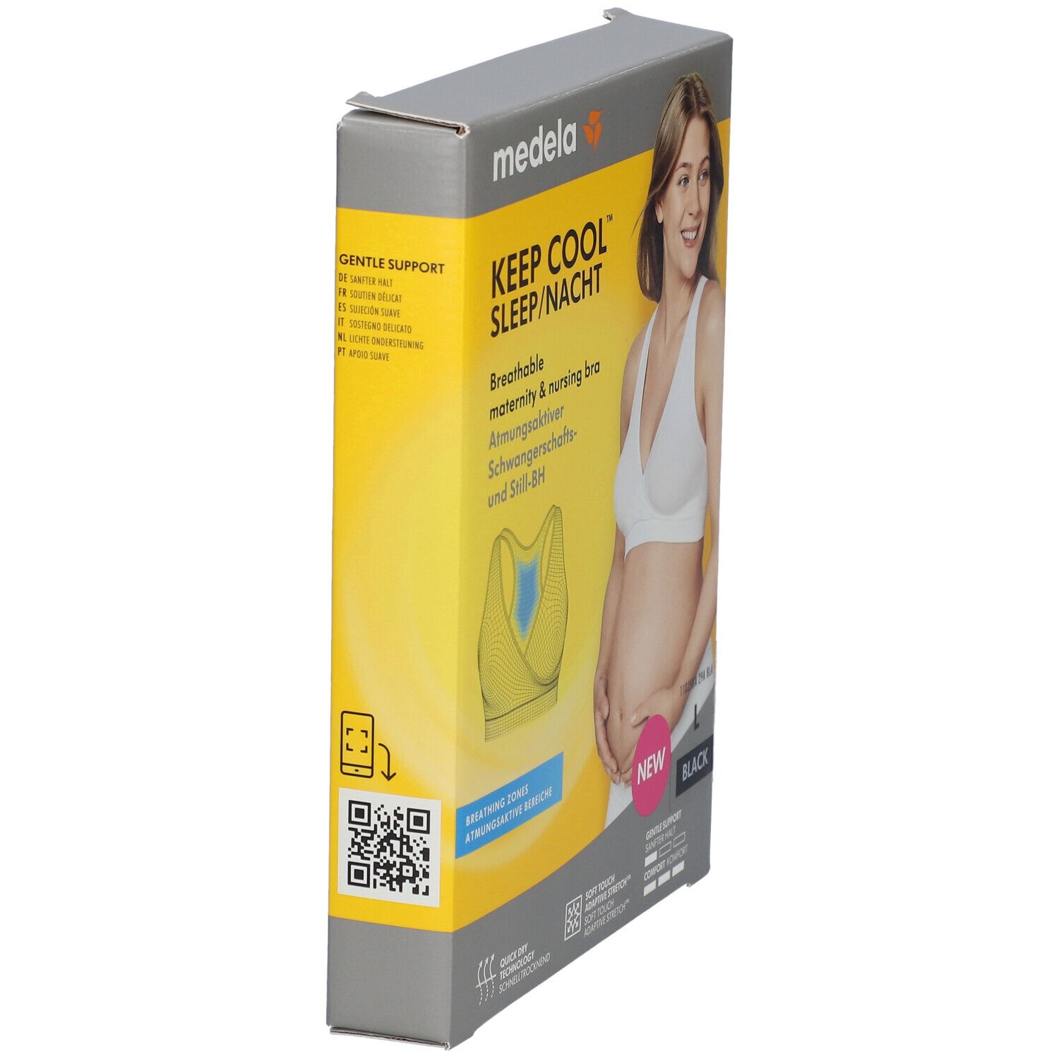 Vue latérale de l'emballage du produit. Inscription : medela KEEP COOL SLEEP/NACHT, soutien-gorge d'allaitement respirant, taille L, noir.