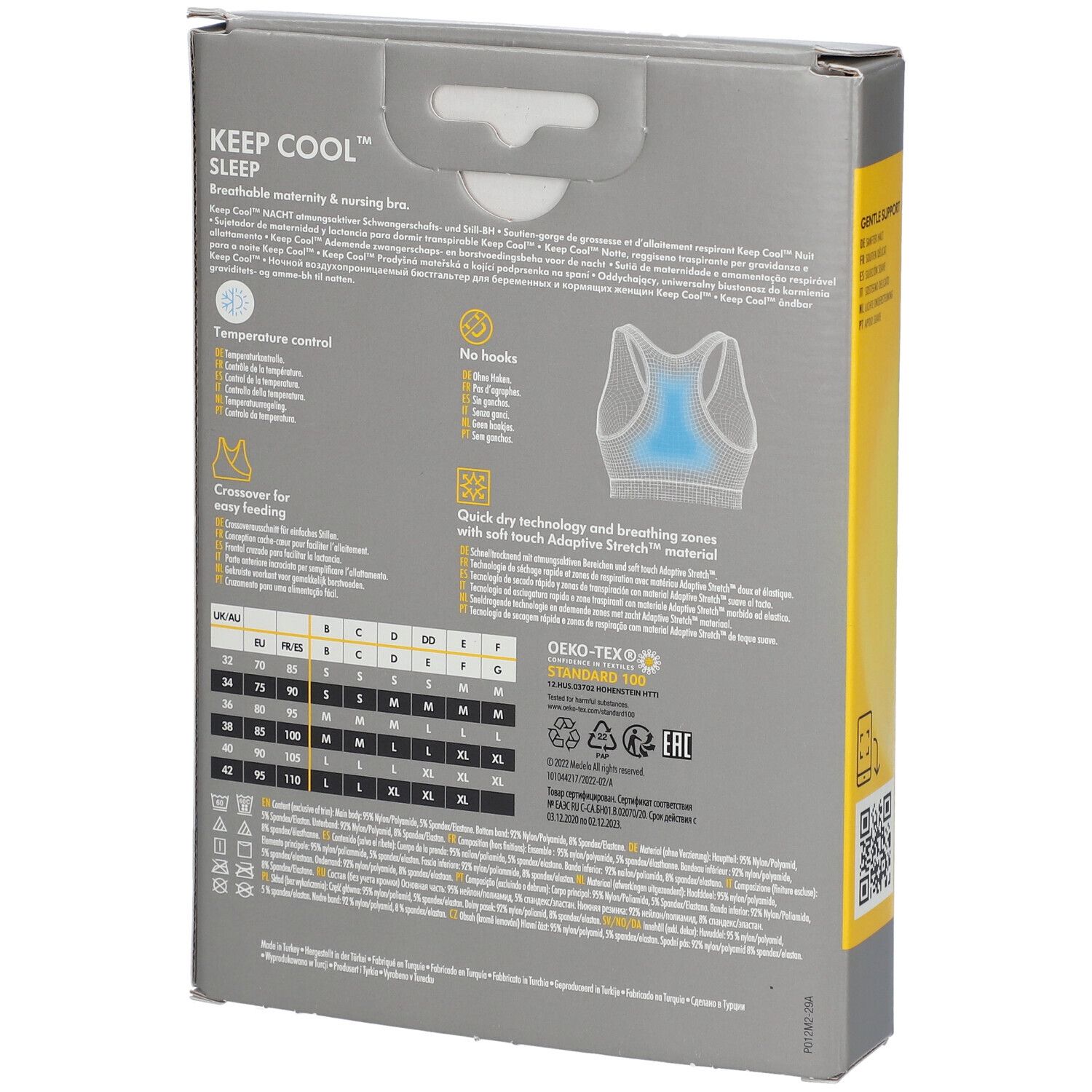 Dos de l'emballage du produit. Inscription : KEEP COOL SLEEP, informations sur les tailles, certification OEKO-TEX Standard 100.