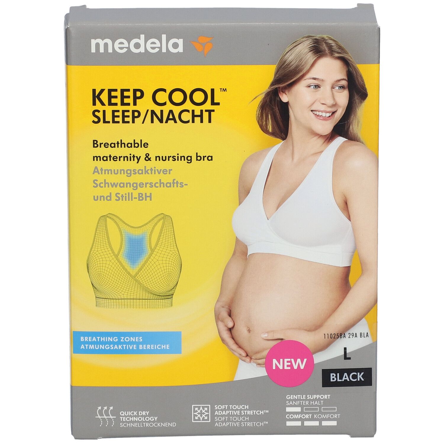 Emballage du produit. Inscription : medela KEEP COOL SLEEP/NACHT, soutien-gorge d'allaitement respirant, taille L, noir.