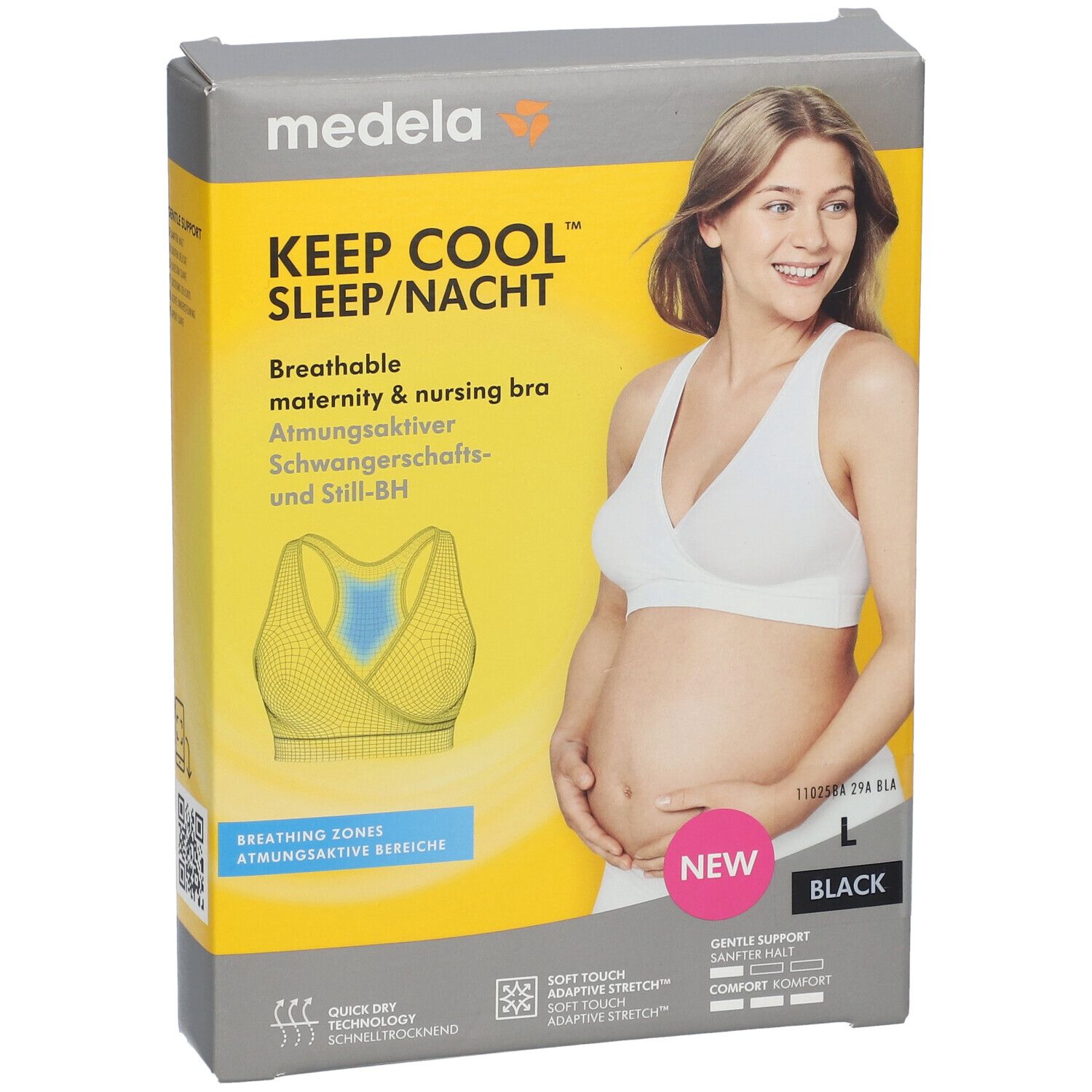 Emballage du produit. Inscription : medela KEEP COOL SLEEP/NACHT, soutien-gorge d'allaitement respirant, taille L, noir.