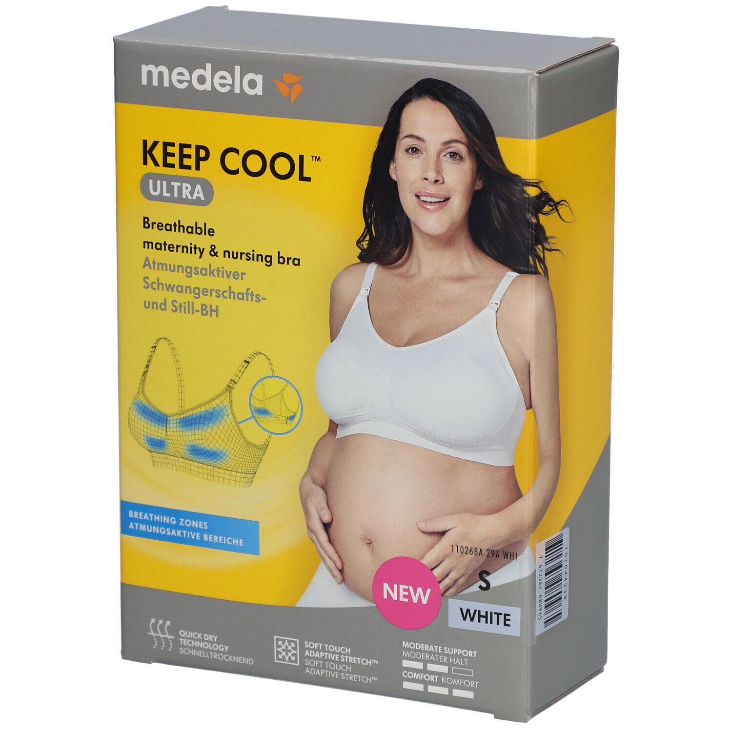 Boîte du soutien-gorge medela Keep Cool™ Ultra. Femme portant un soutien-gorge d'allaitement blanc. Taille S. Inscription : Respirant.