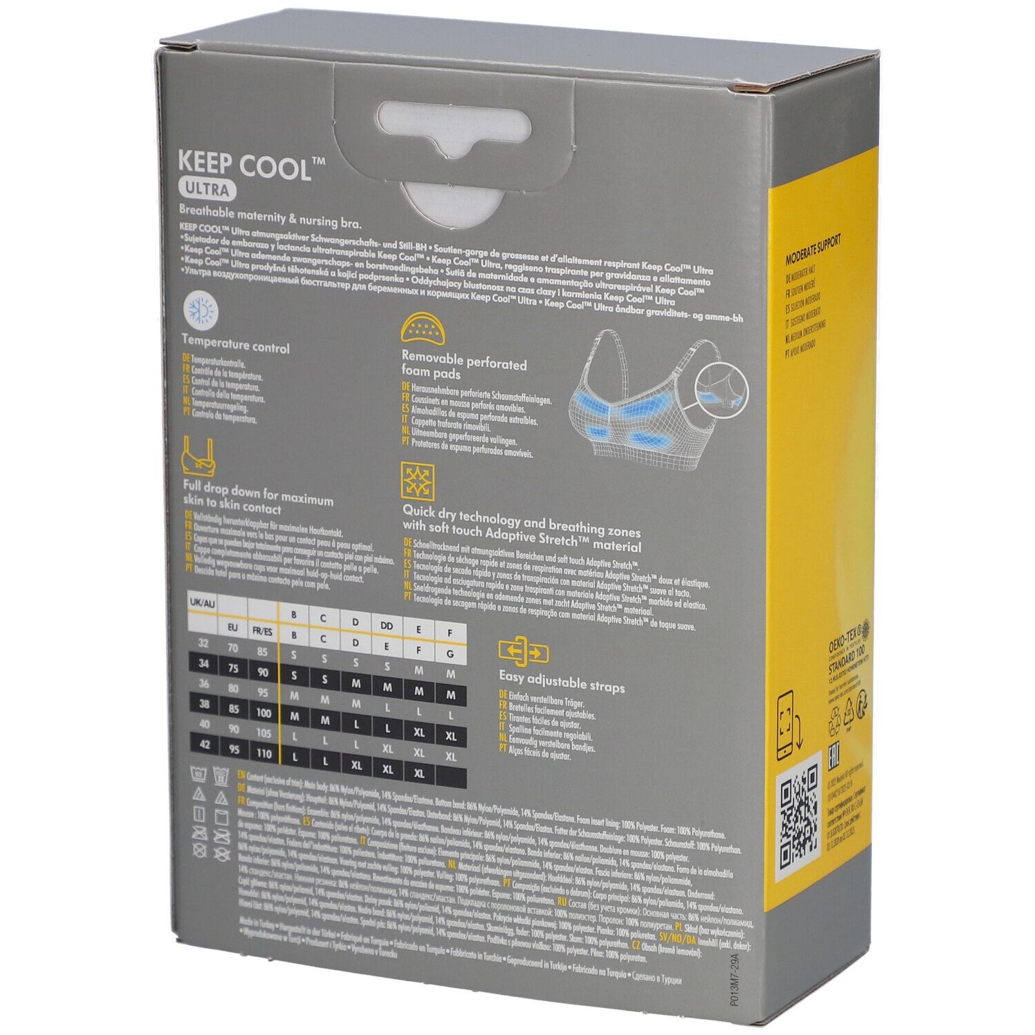 Dos de la boîte du soutien-gorge medela Keep Cool™ Ultra. Caractéristiques du produit, tableau des tailles, certifications. Texte multilingue.