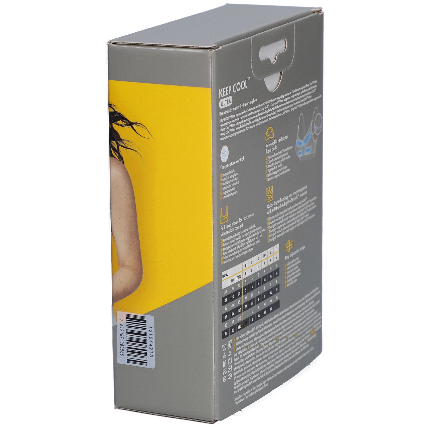 Vue latérale de la boîte du soutien-gorge medela Keep Cool™ Ultra. Tableau des tailles, caractéristiques du produit. Texte multilingue.