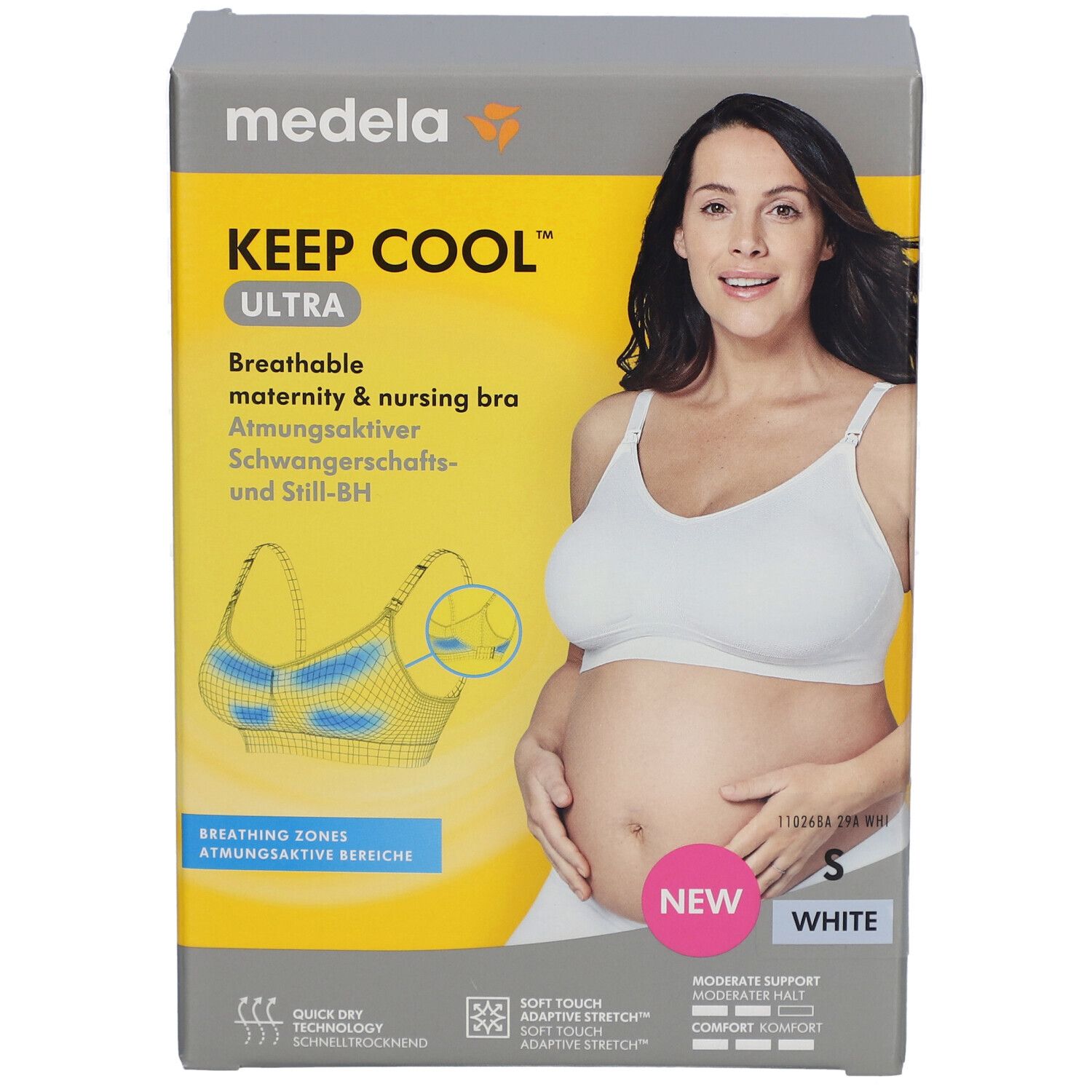 Vue de face de la boîte du soutien-gorge medela Keep Cool™ Ultra. Femme en soutien-gorge d'allaitement blanc. Taille S. Inscription : Respirant.