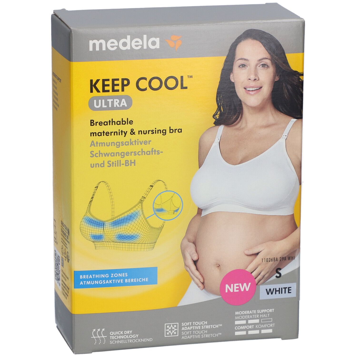 Vue de face de la boîte du soutien-gorge medela Keep Cool™ Ultra. Femme en soutien-gorge d'allaitement blanc. Taille S. Inscription : Respirant.