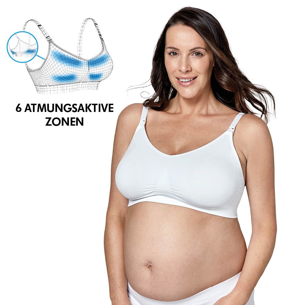Soutien-gorge d'allaitement blanc avec bretelles. Représentation schématique des zones respirantes sur la poitrine.