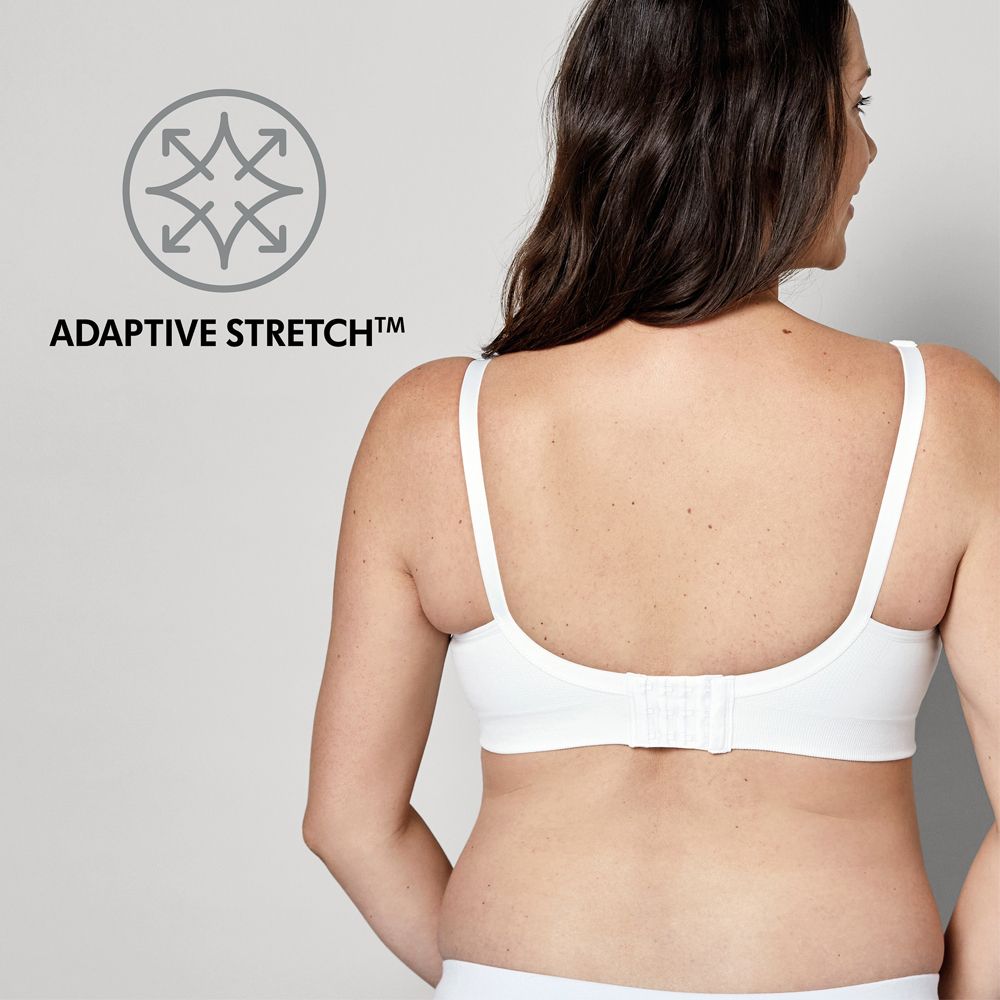 Vue arrière d'un soutien-gorge d'allaitement blanc. Le soutien-gorge a une fermeture et l'étiquette 'ADAPTIVE STRETCH'.