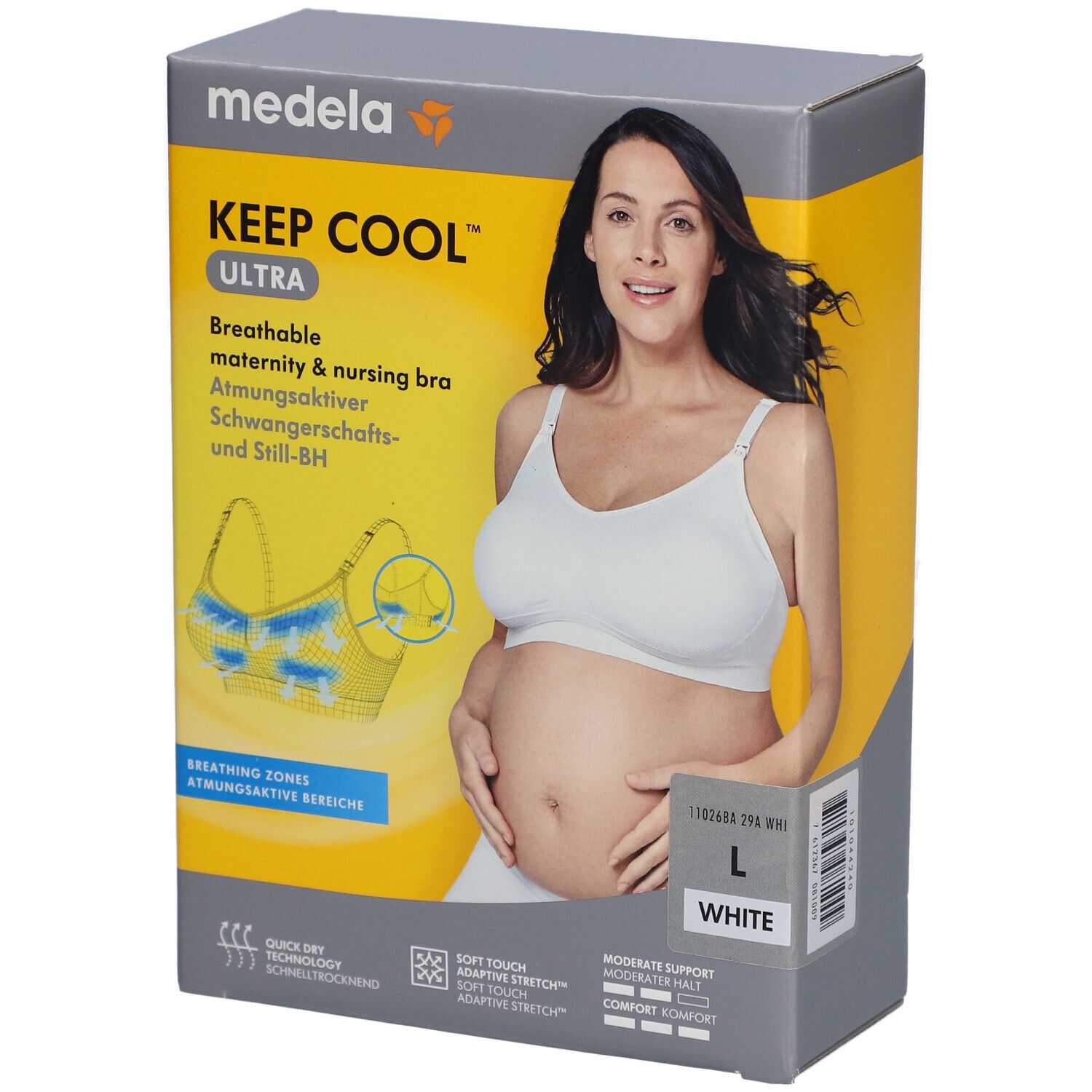 Boîte du soutien-gorge Keep Cool Ultra. Femme portant un soutien-gorge blanc. Taille L, blanc. Marque Medela. Soutien-gorge d'allaitement respirant.