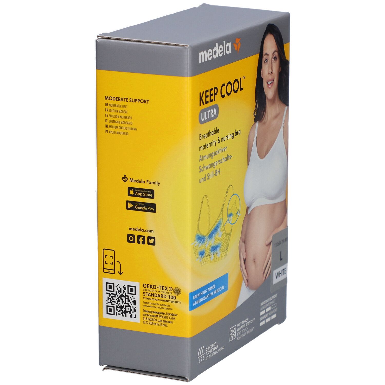 Boîte du soutien-gorge Keep Cool Ultra. Côté avec informations. Marque Medela. Code QR et certification Oeko-Tex Standard 100.