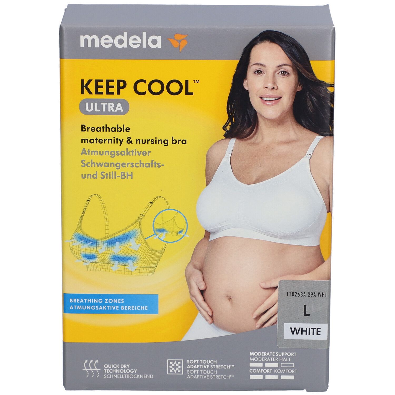 Boîte du soutien-gorge Keep Cool Ultra. Femme portant un soutien-gorge blanc. Taille L, blanc. Marque Medela. Soutien-gorge d'allaitement respirant.